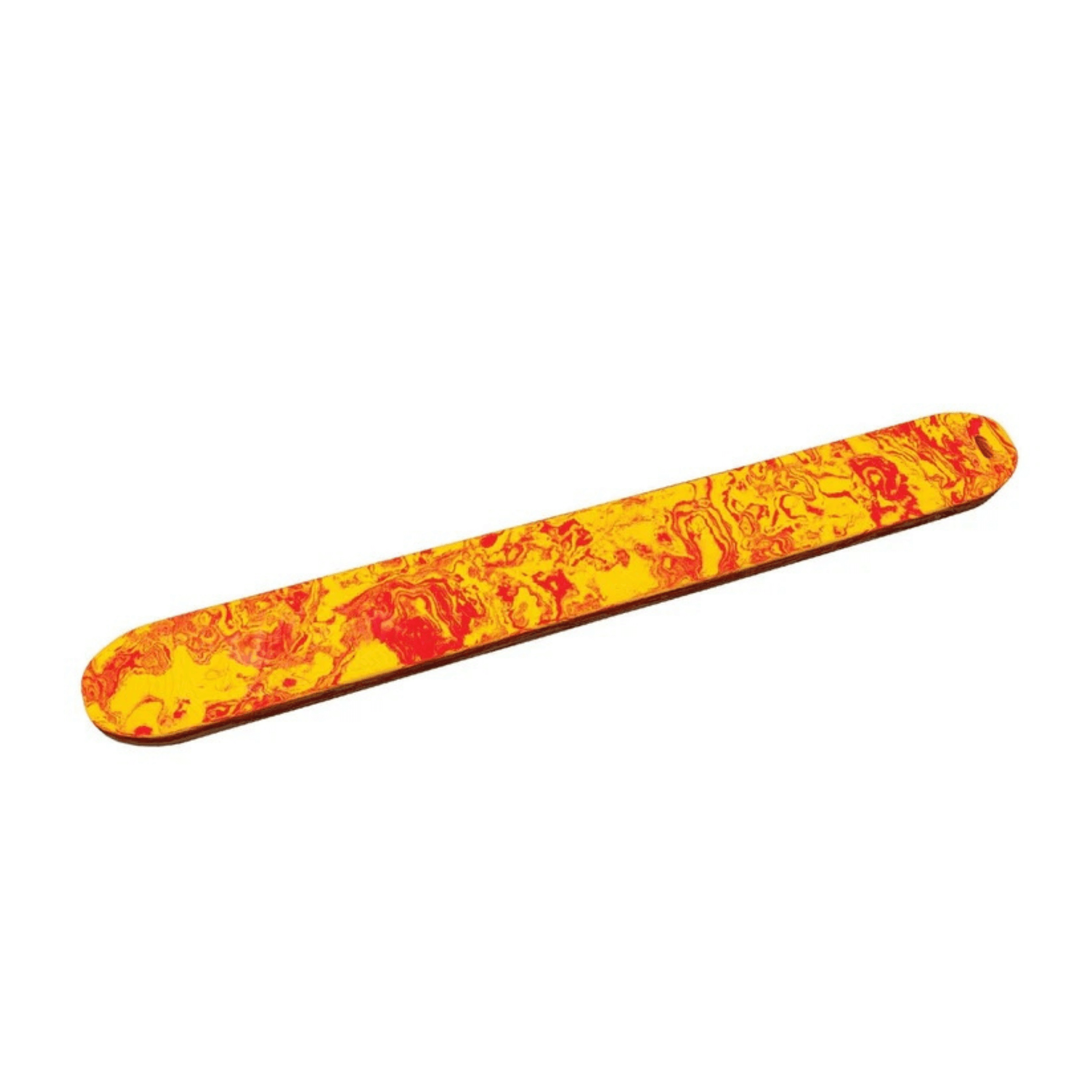 Yellow and red patterned nail file on a white background
