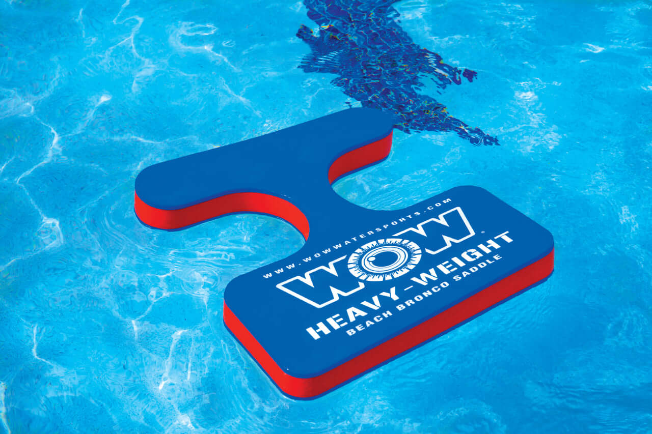 Blue and red beach weight saddle with 'WOW' branding on a pool surface
