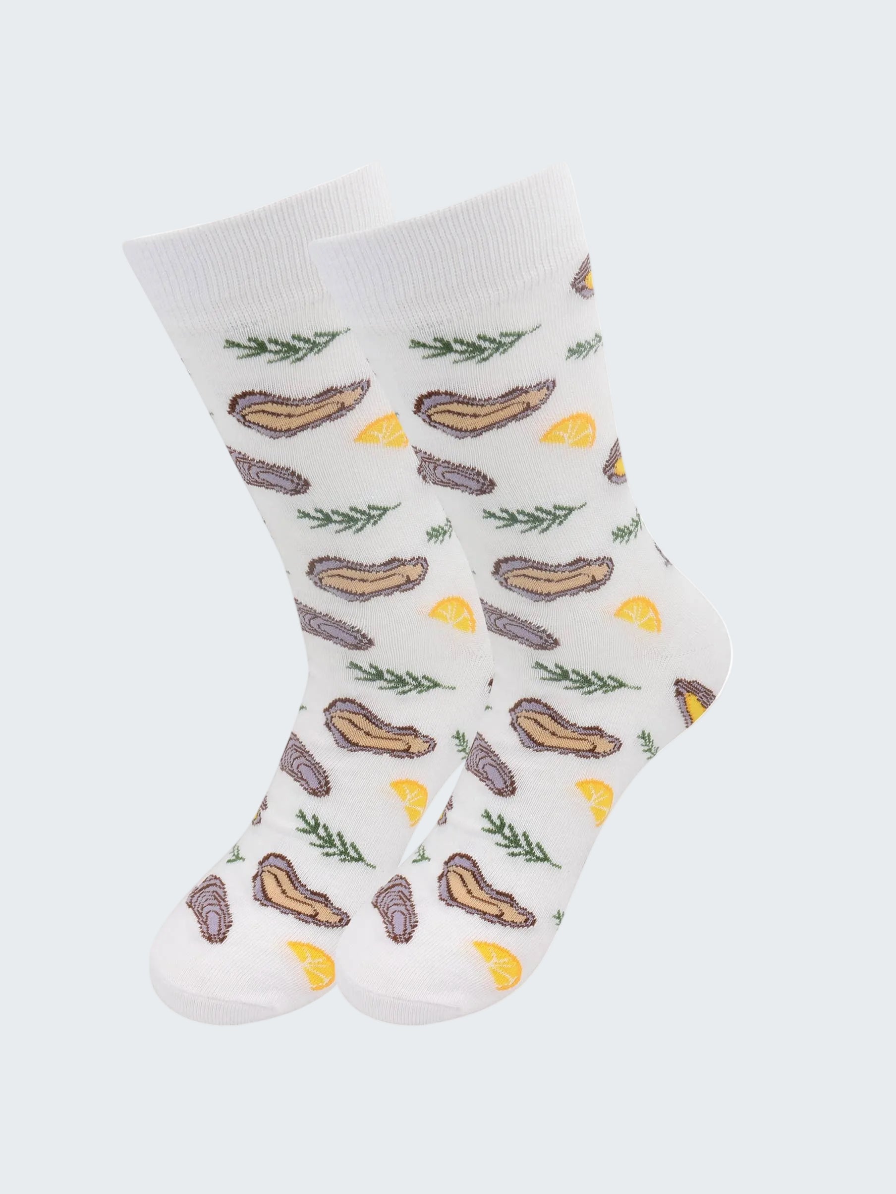 White socks with hot dog and cheese pattern on a white background