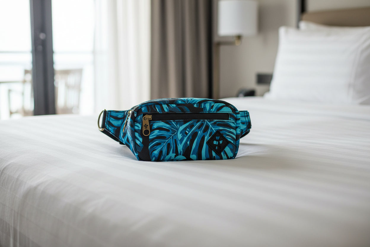 Fanny pack with blue leaf pattern on a white background