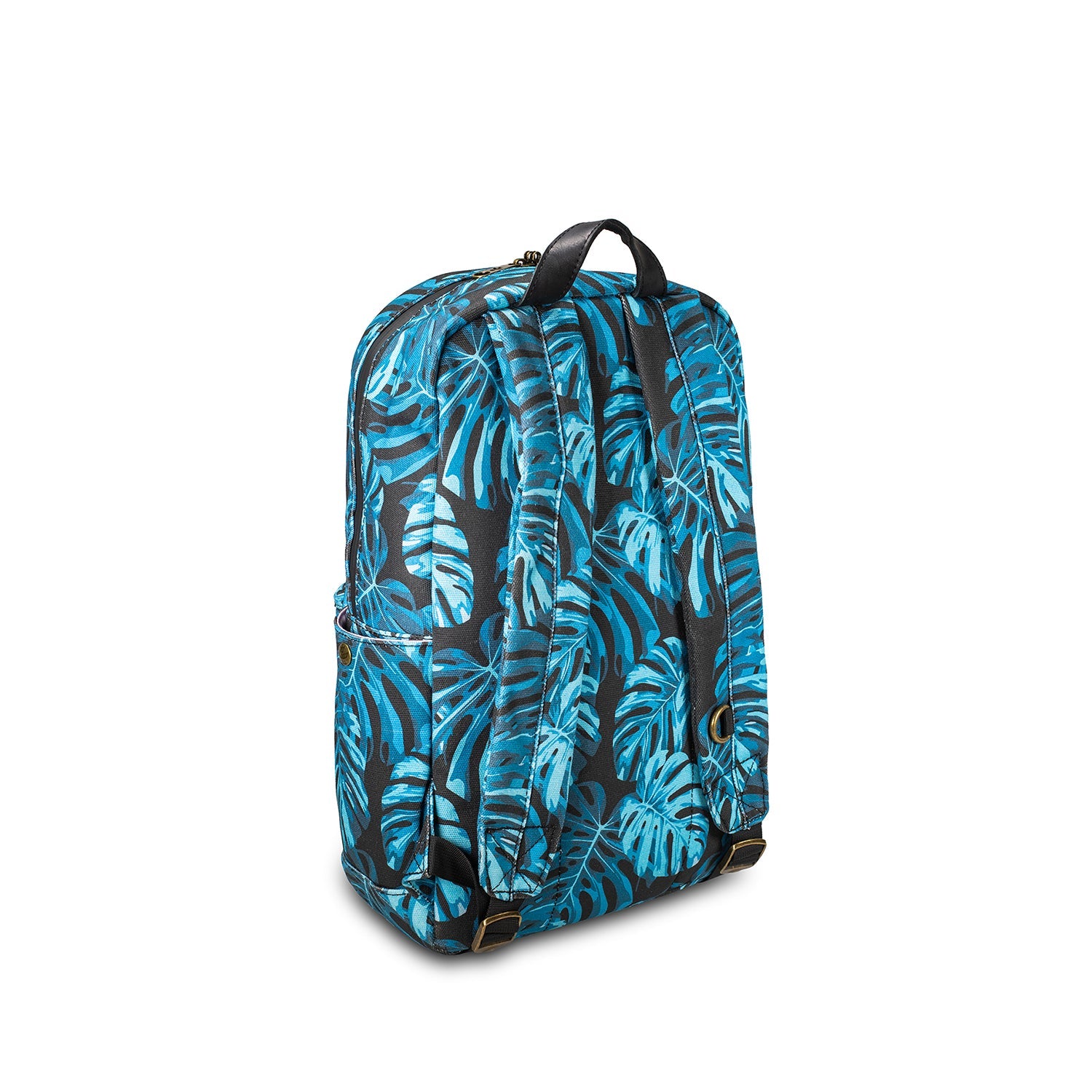 Backpack with blue leaf pattern on a white background