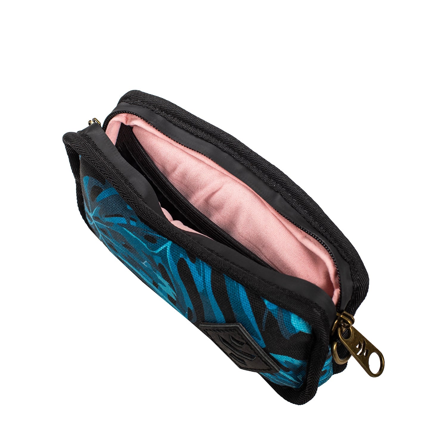 Black pouch with blue floral pattern and pink interior on a white background
