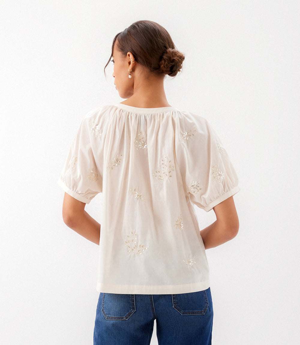 Person wearing a white blouse with floral embroidery on a plain background