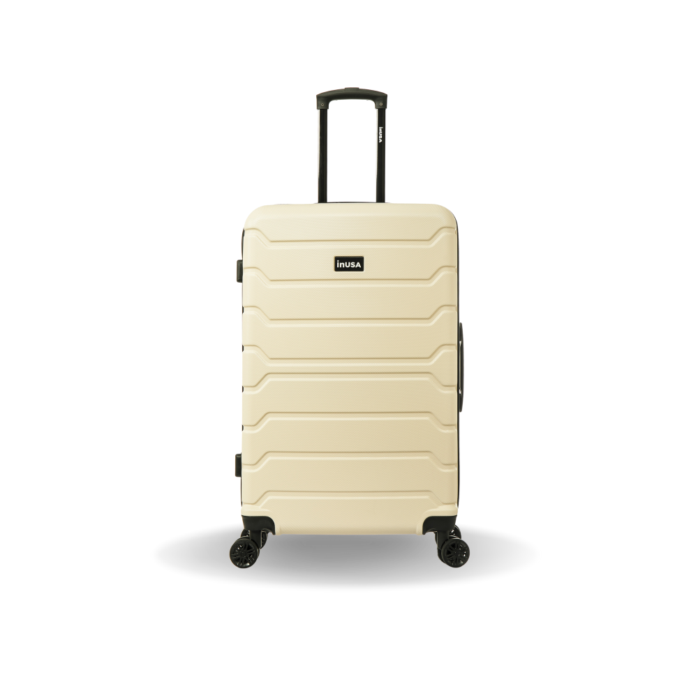 Beige suitcase with 'InUSA' logo on a white background