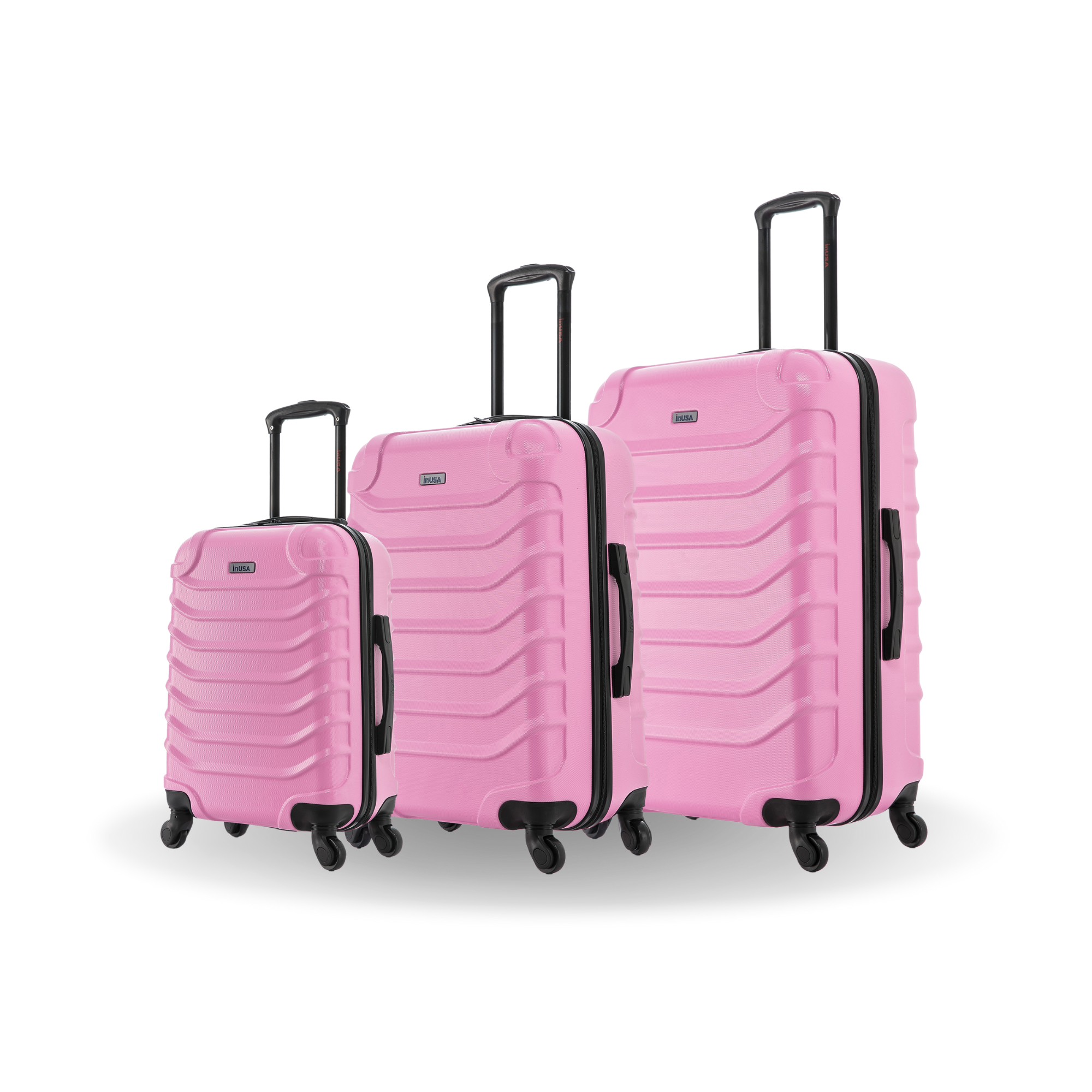 Set of three pink suitcases with black handles and wheels on a white background