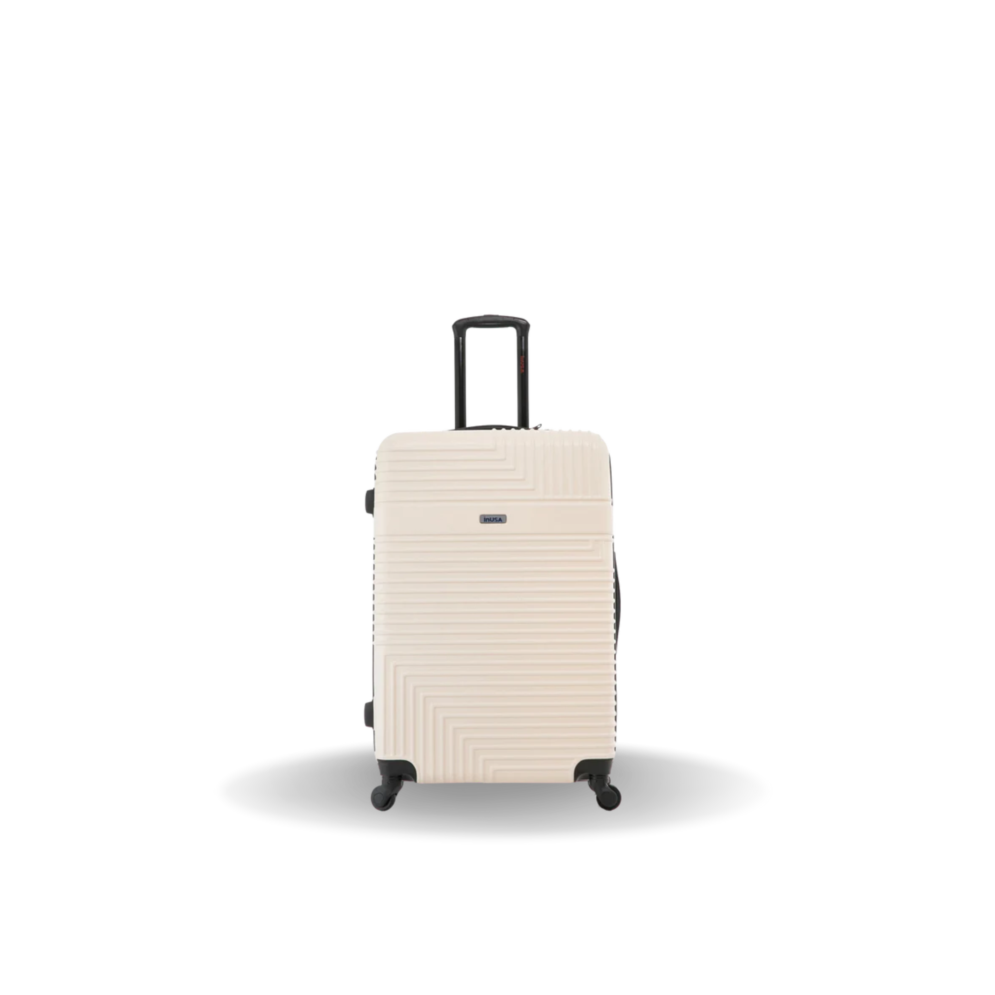 Beige suitcase with a black handle on a white background