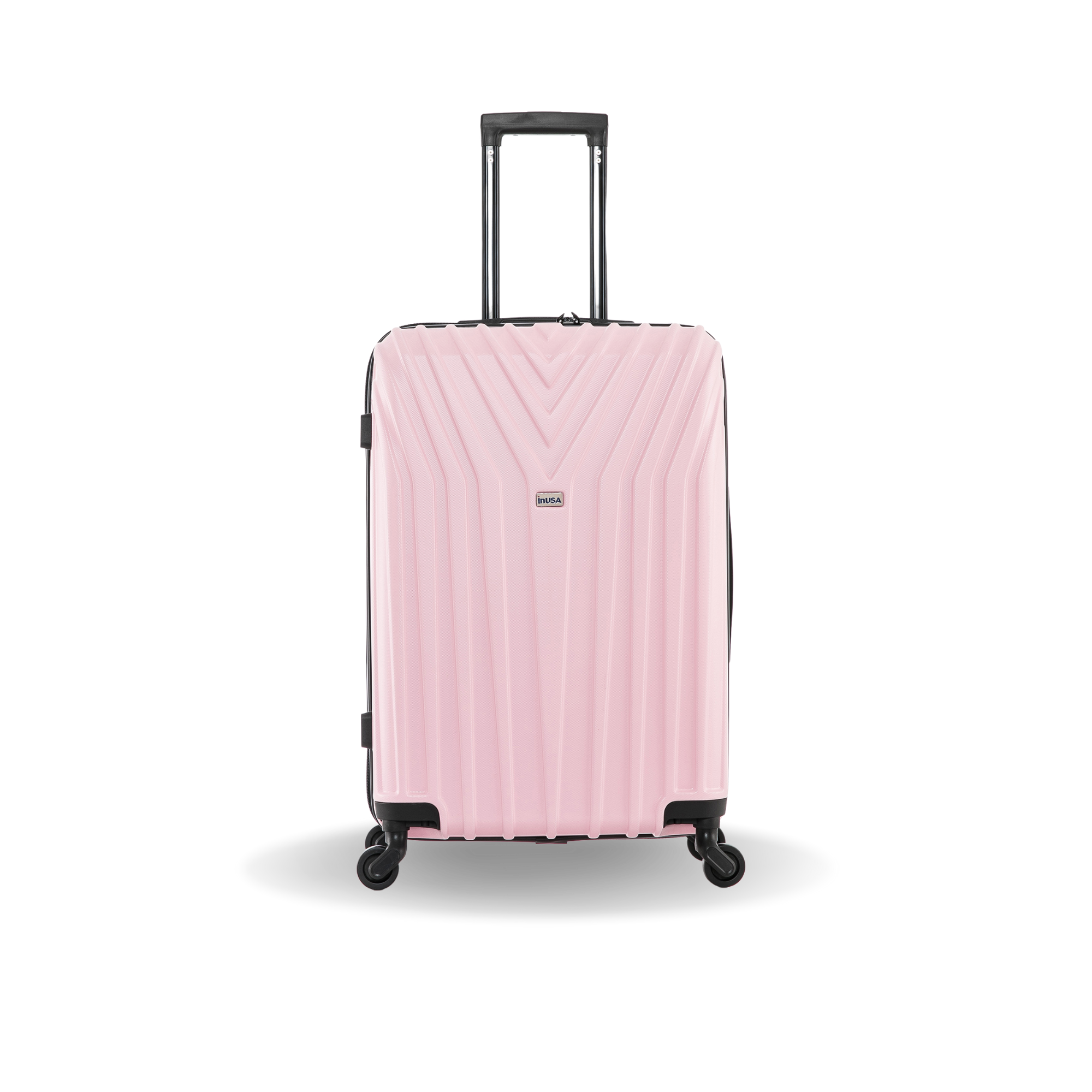 Pink suitcase with a checkered pattern on a white background