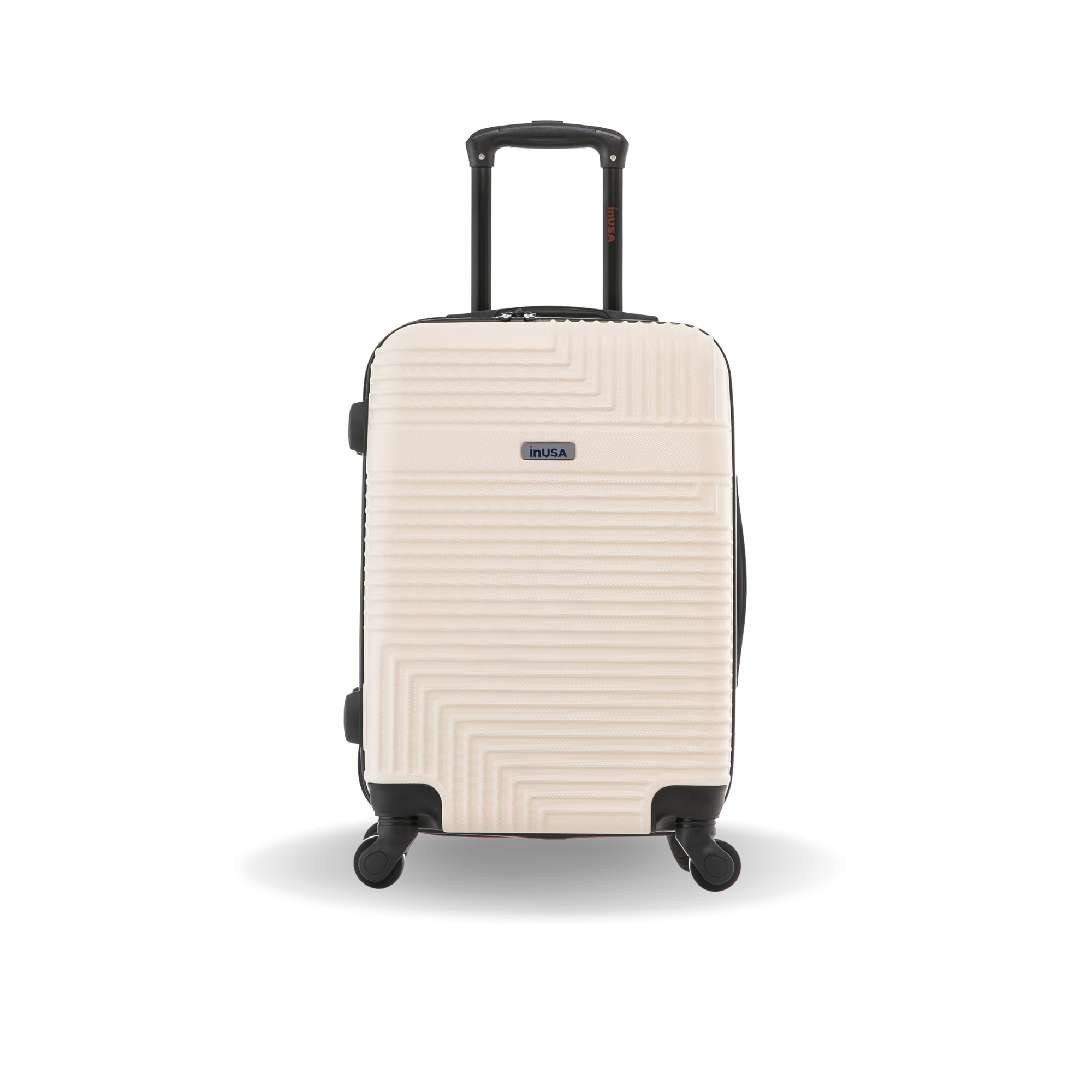 Beige suitcase with a geometric pattern on a white background