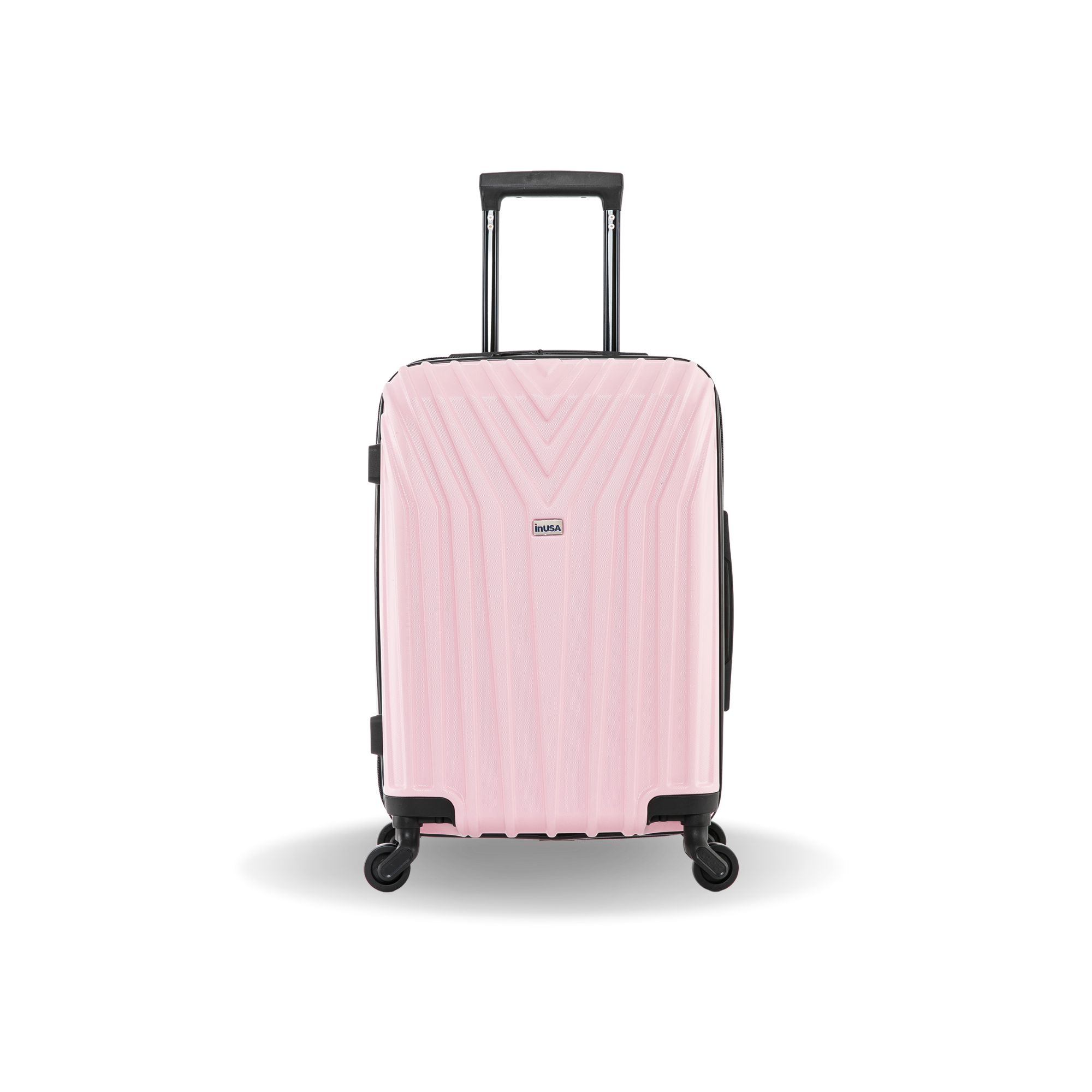 Pink suitcase with black wheels and handle on a white background