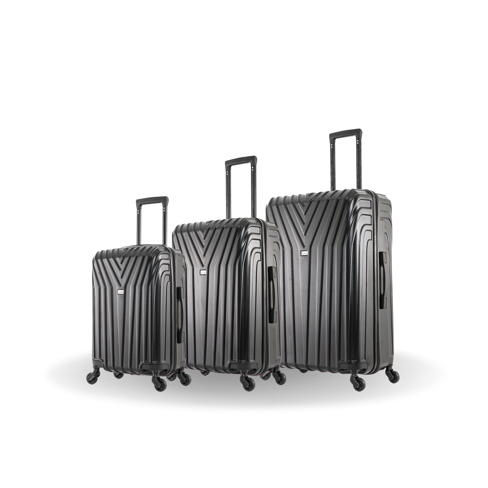 Set of three black suitcases with a geometric pattern on a white background