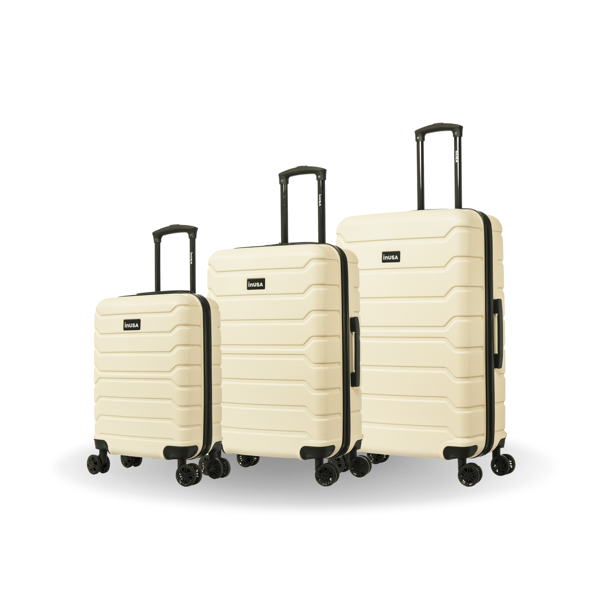 Set of three beige suitcases with black handles and wheels on a white background
