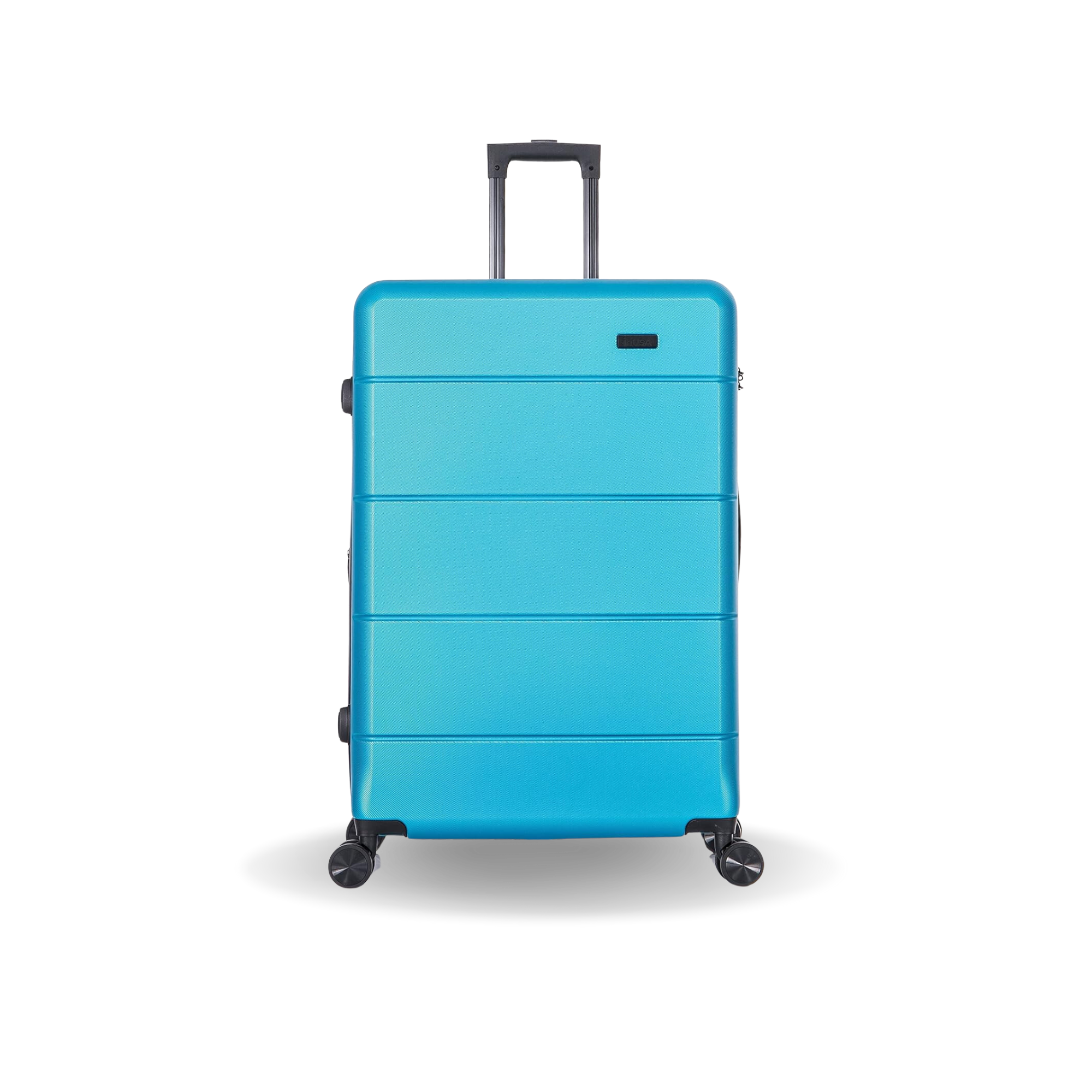 Turquoise suitcase with wheels on a white background