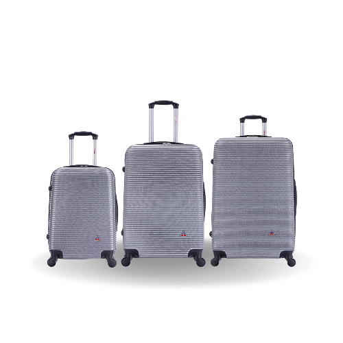 Three gray suitcases of different sizes on a white background