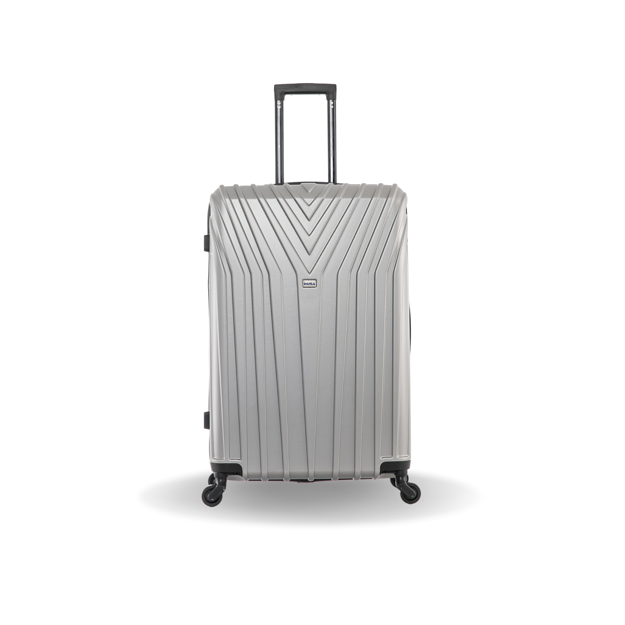 Gray suitcase with a geometric pattern on a white background