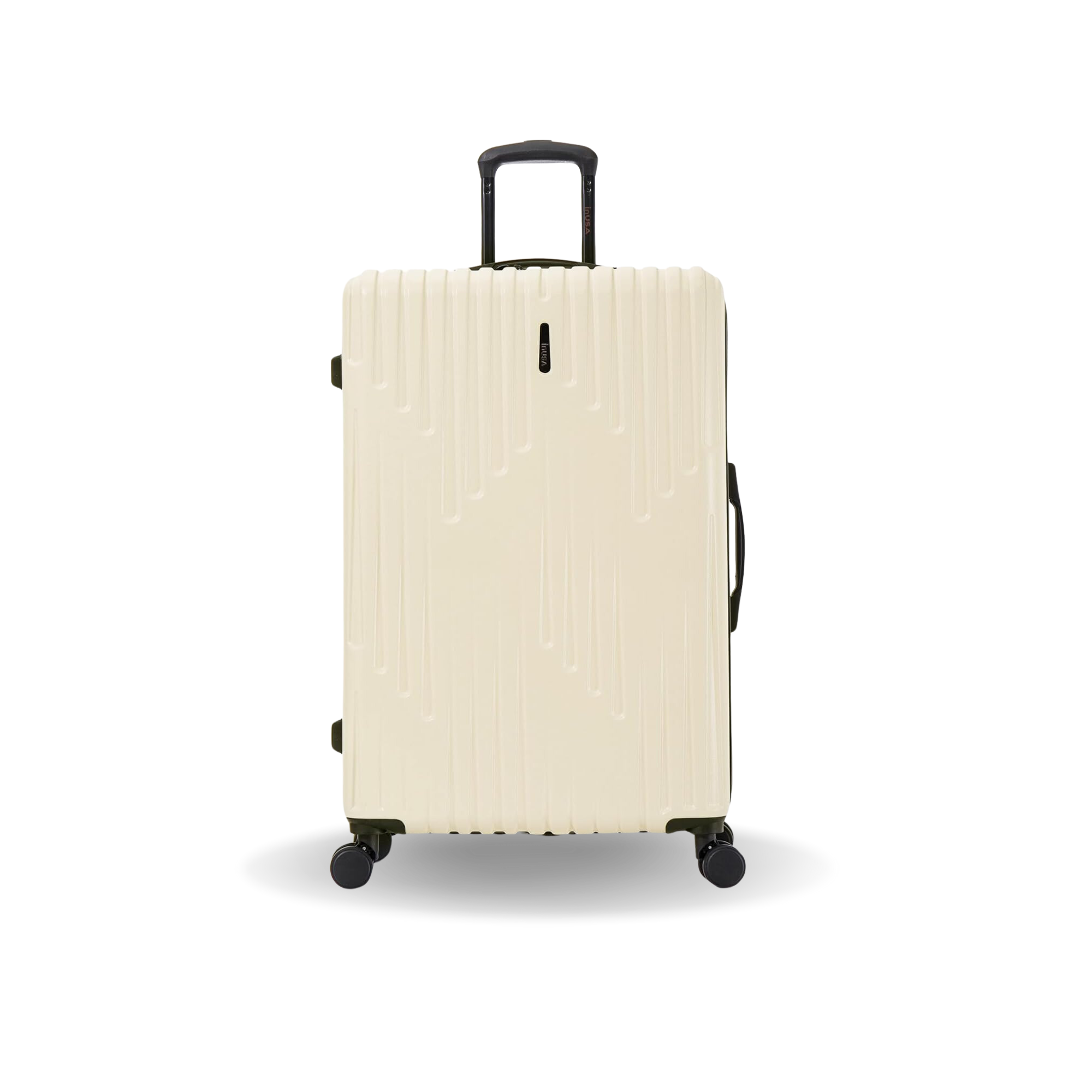 Beige suitcase with black wheels and handle on a white background