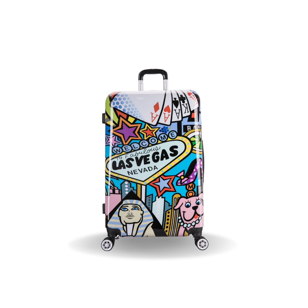 Colorful suitcase with Las Vegas-themed design on a white background