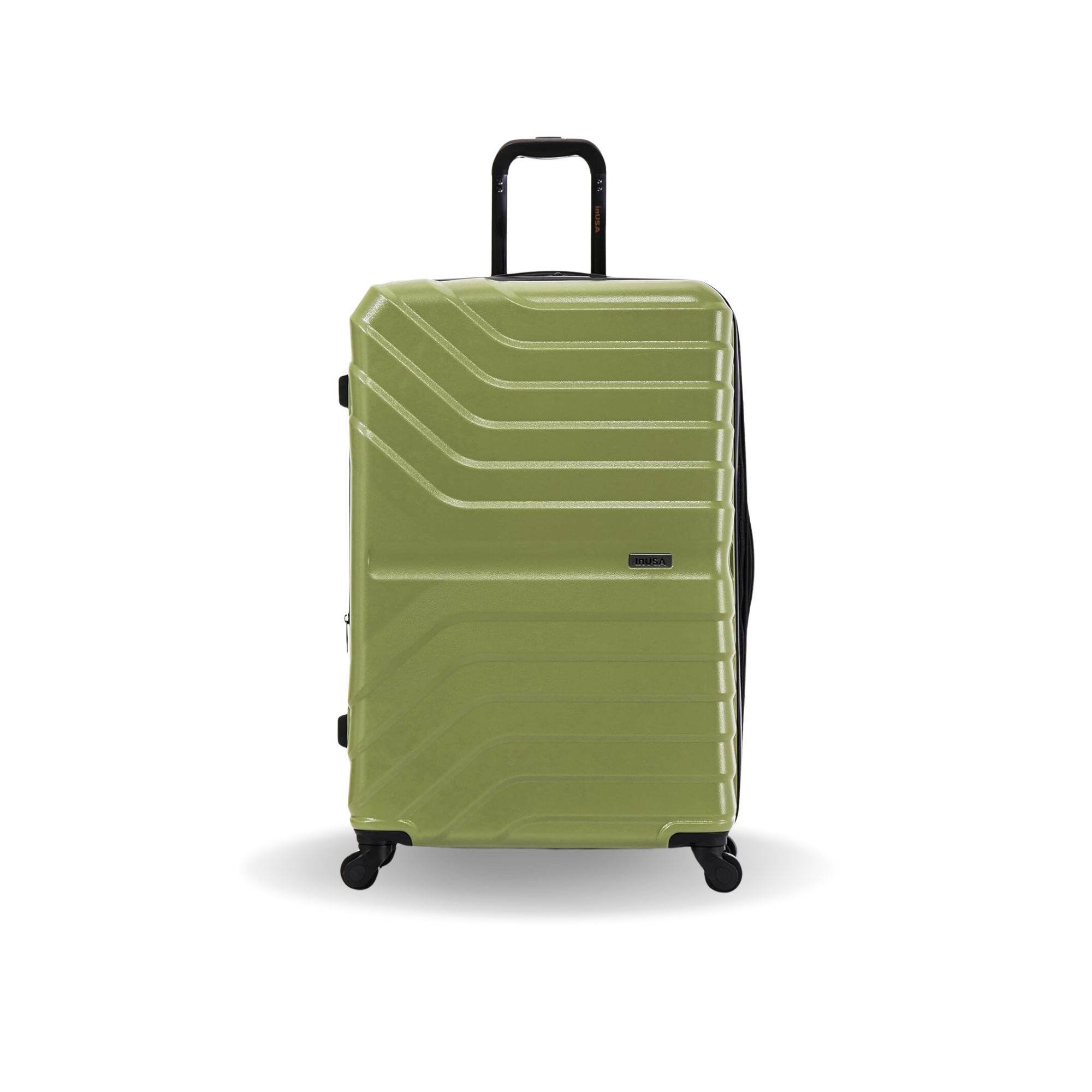 Green suitcase with a black handle on a white background