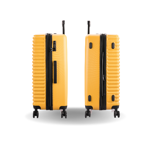 Two yellow suitcases with black handles and wheels on a white background
