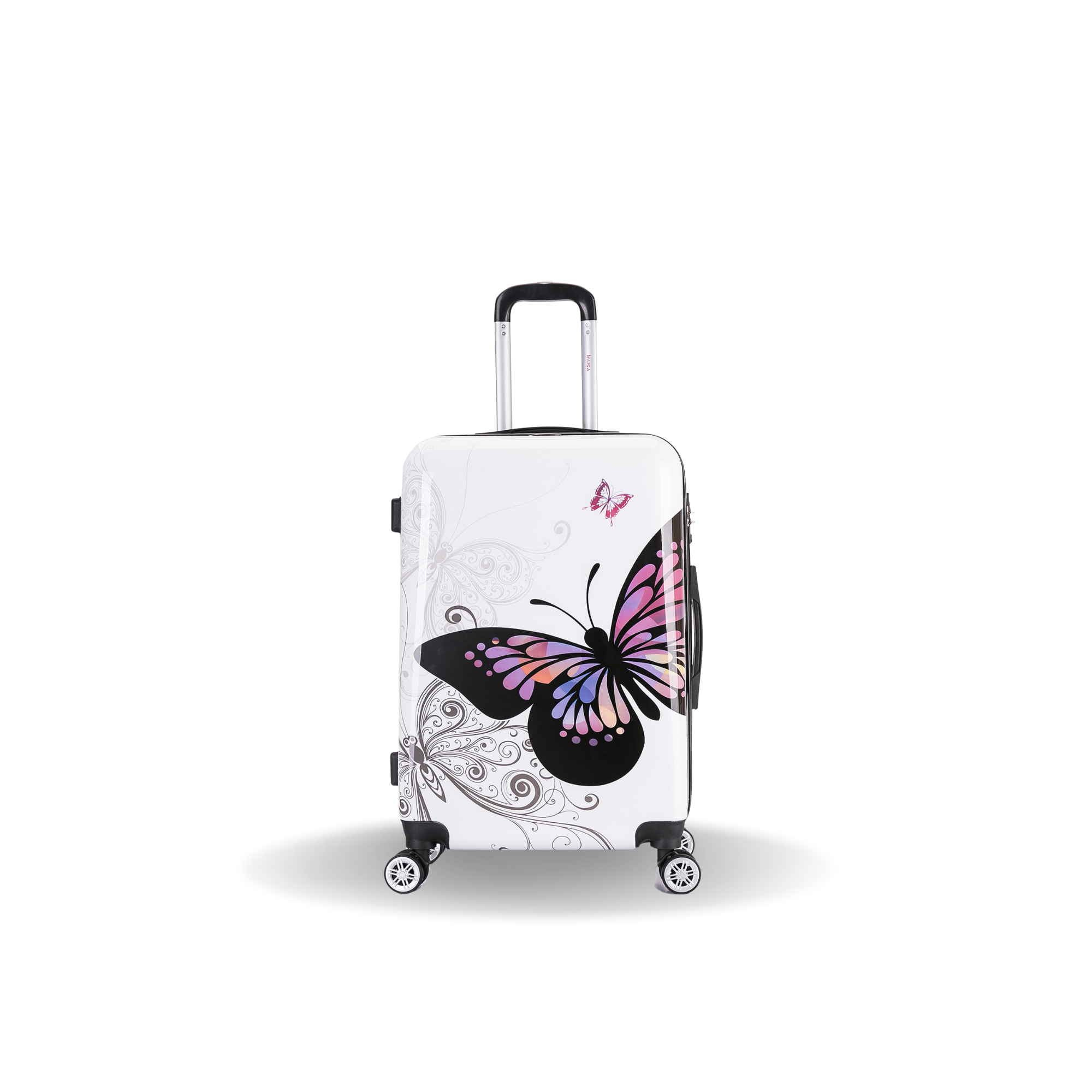 White suitcase with a colorful butterfly design on a white background