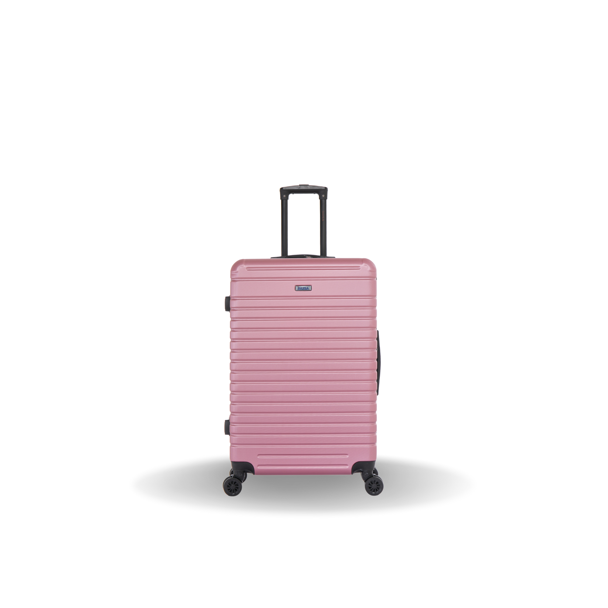 Pink suitcase with black wheels on a white background
