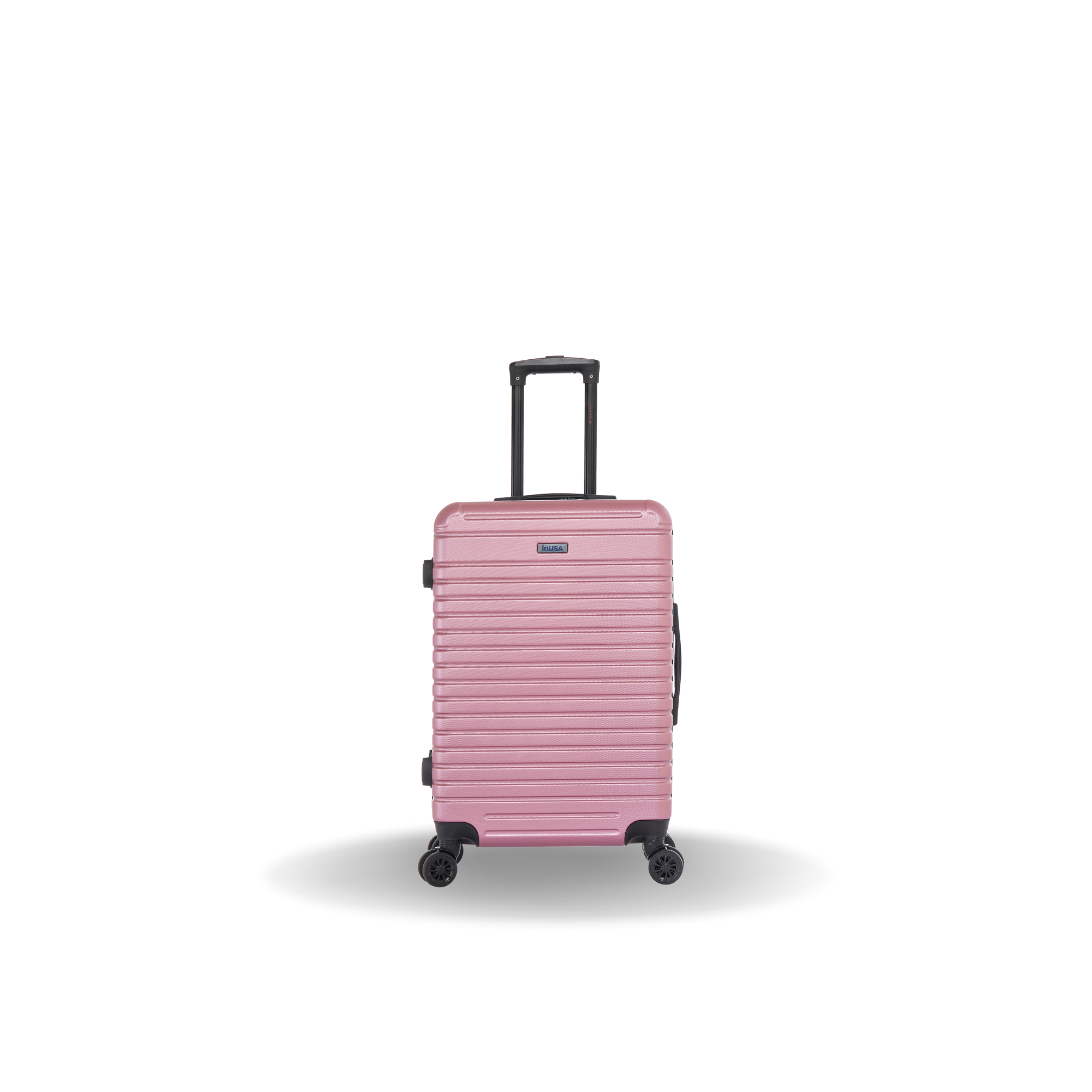 Pink suitcase with black handle and wheels on a white background