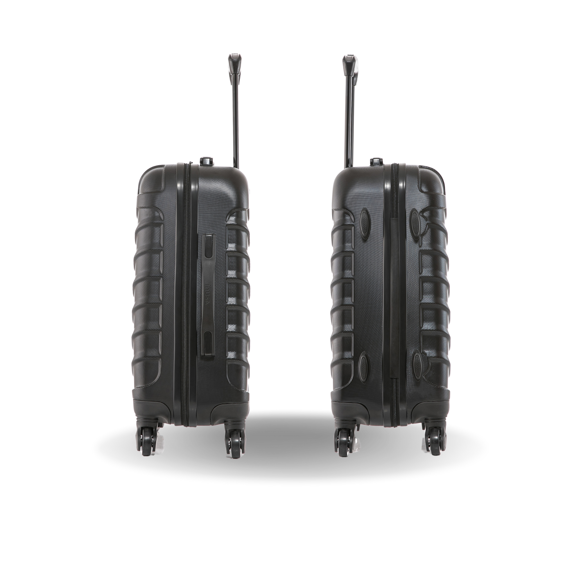 Black hard-shell suitcase shown from two angles on a white background