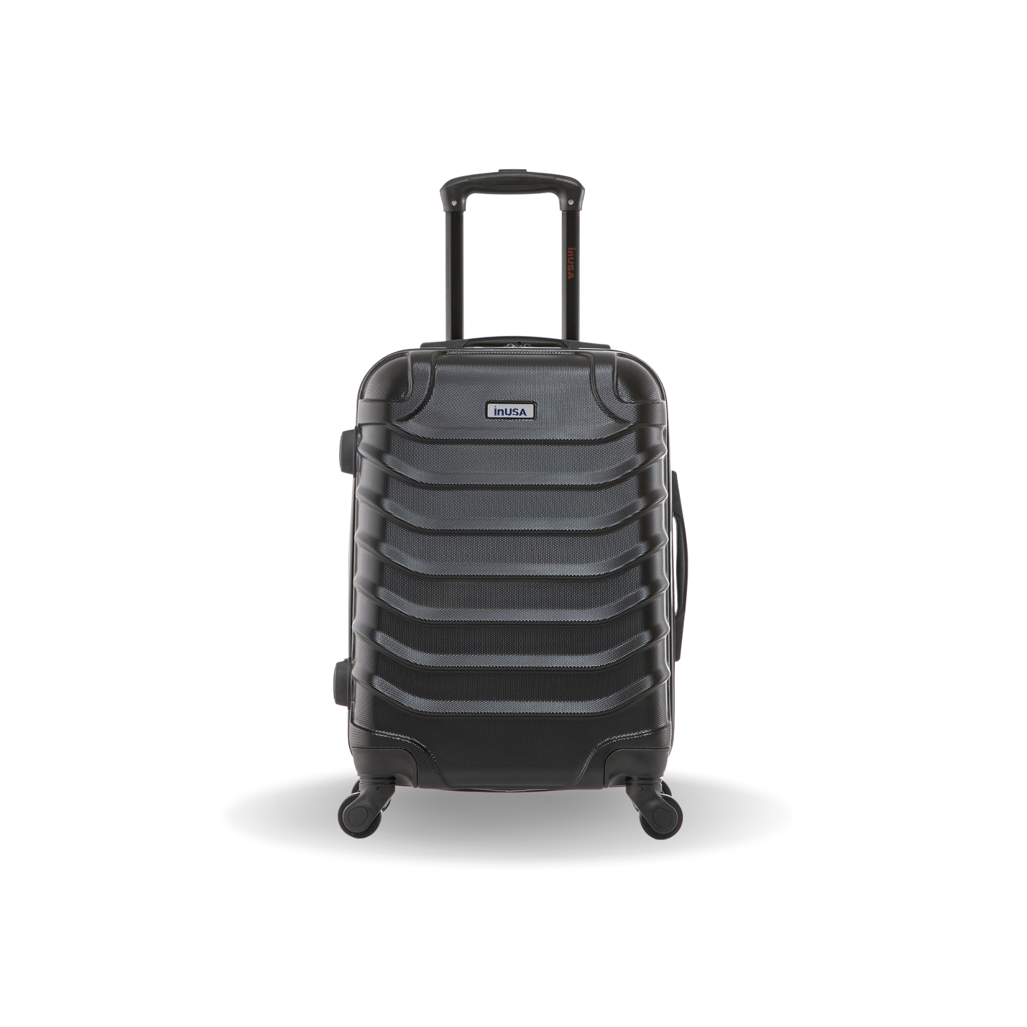Black suitcase with a visible brand logo on a white background