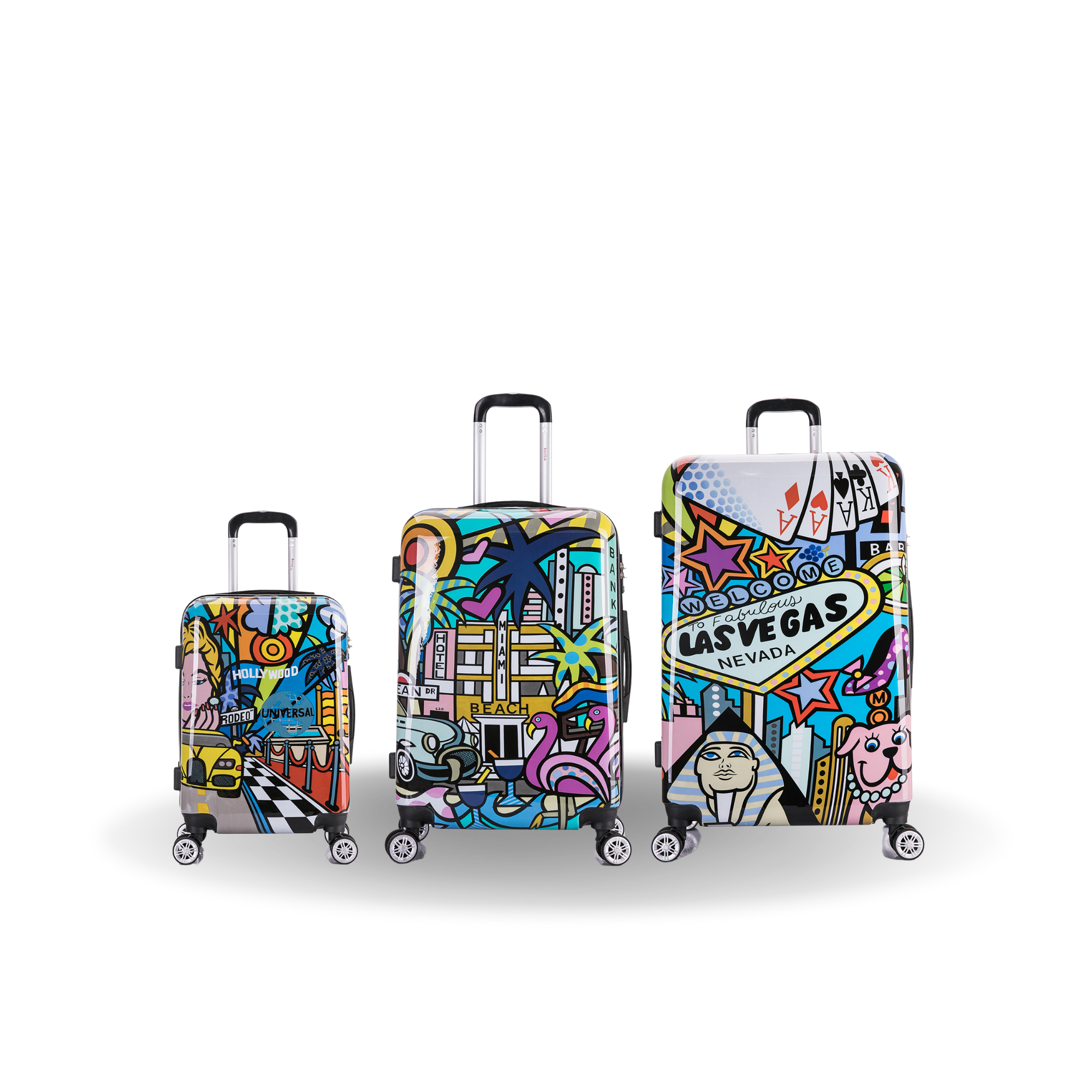 Three colorful suitcases with Las Vegas-themed design on a white background