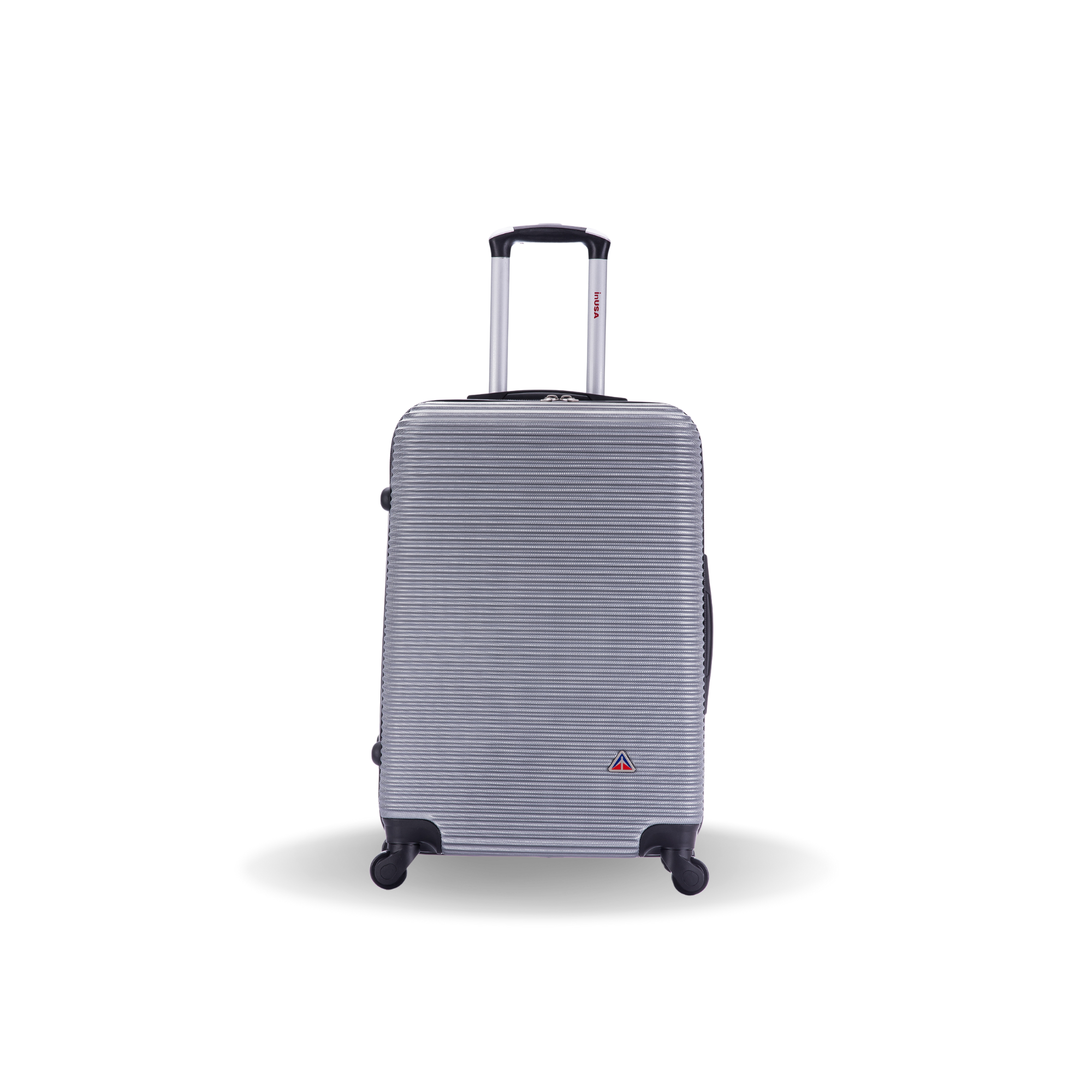 Gray striped suitcase on a white background
