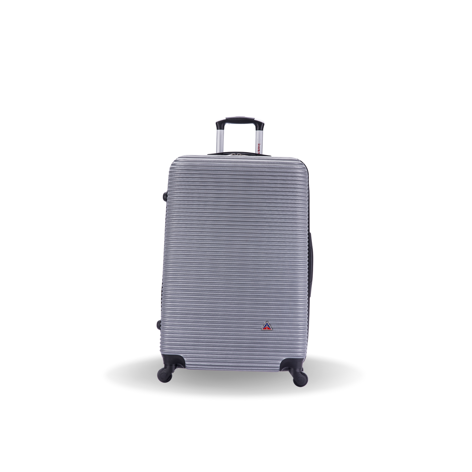 Gray suitcase with a striped pattern on a white background