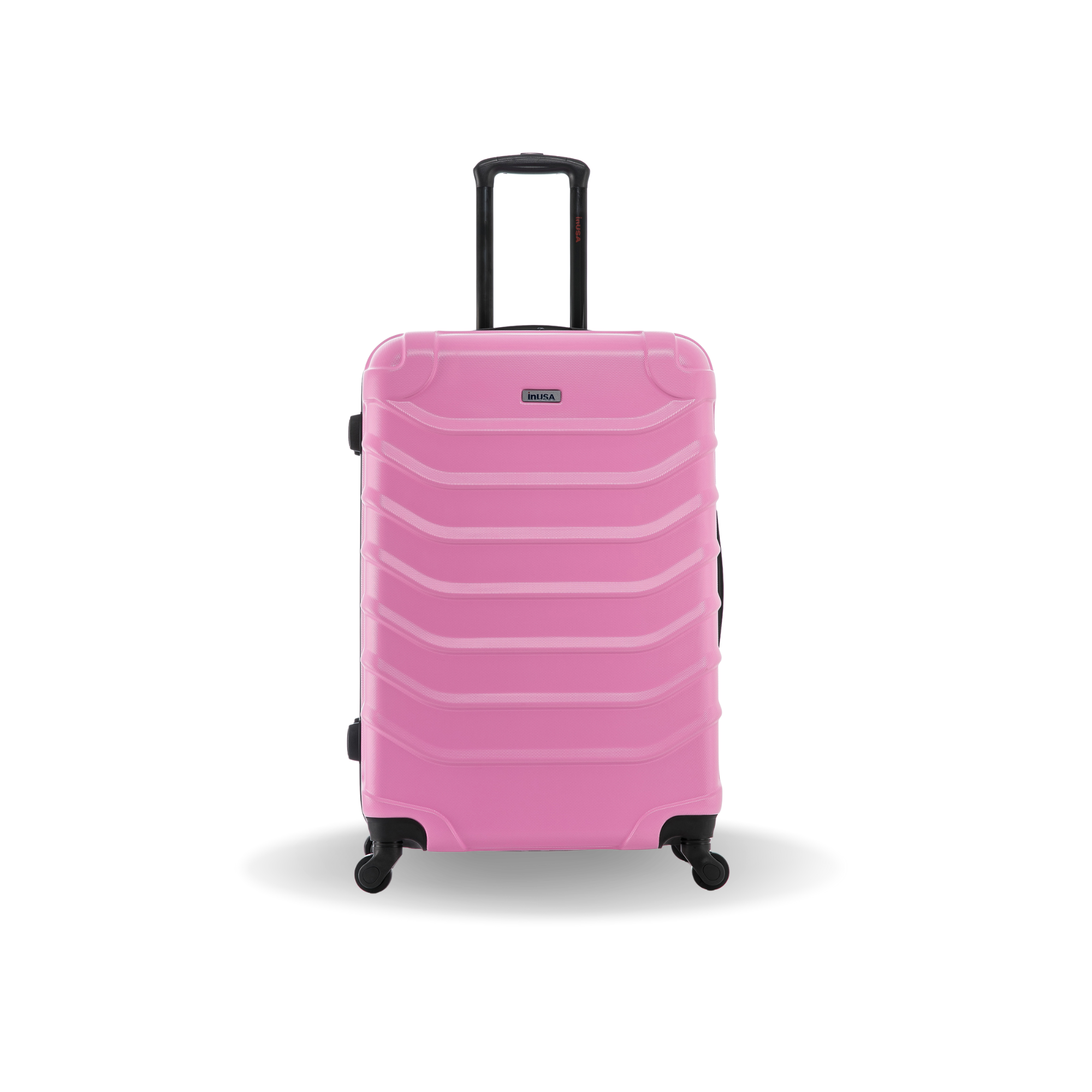 Pink suitcase with black wheels on a white background