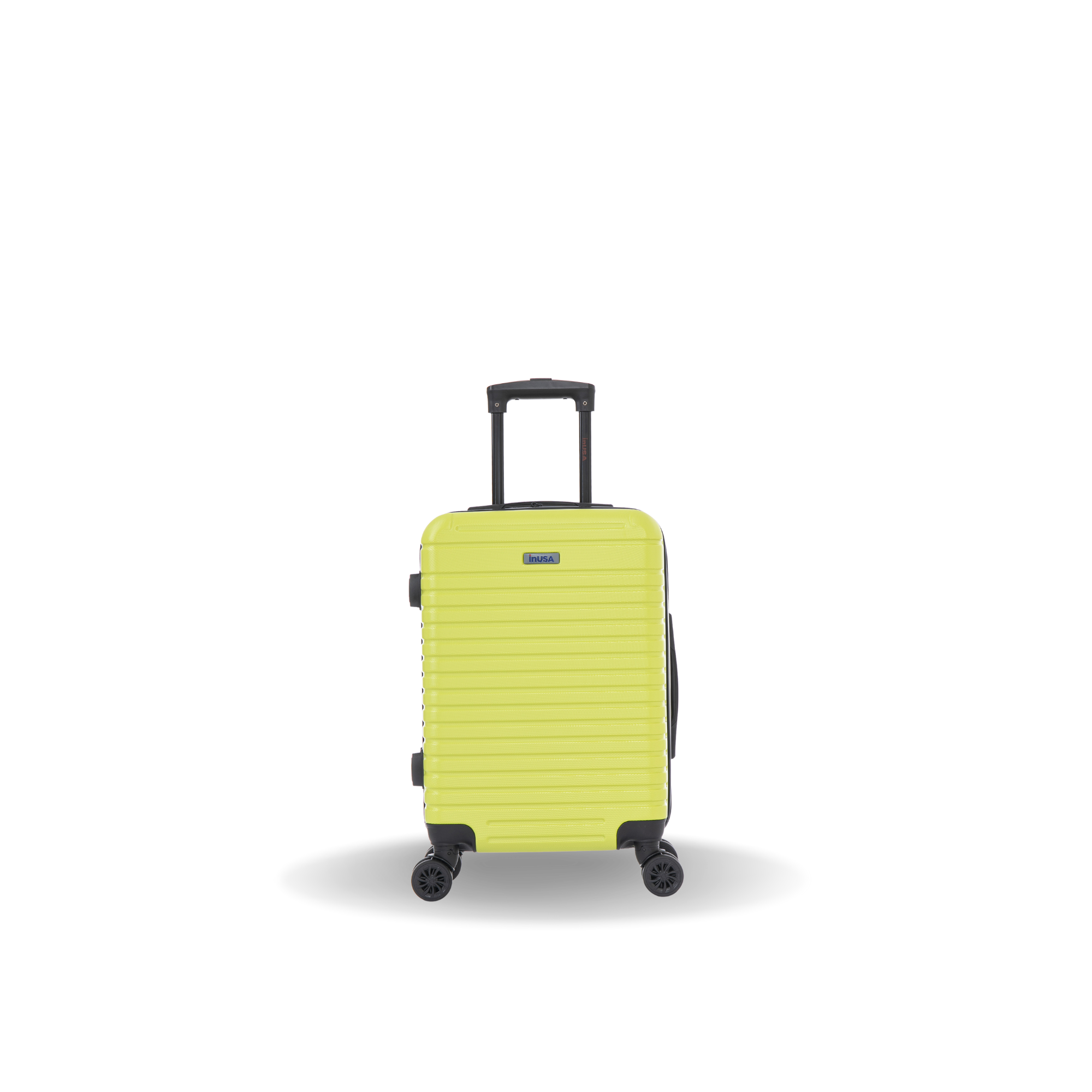 Yellow suitcase with black wheels on a white background