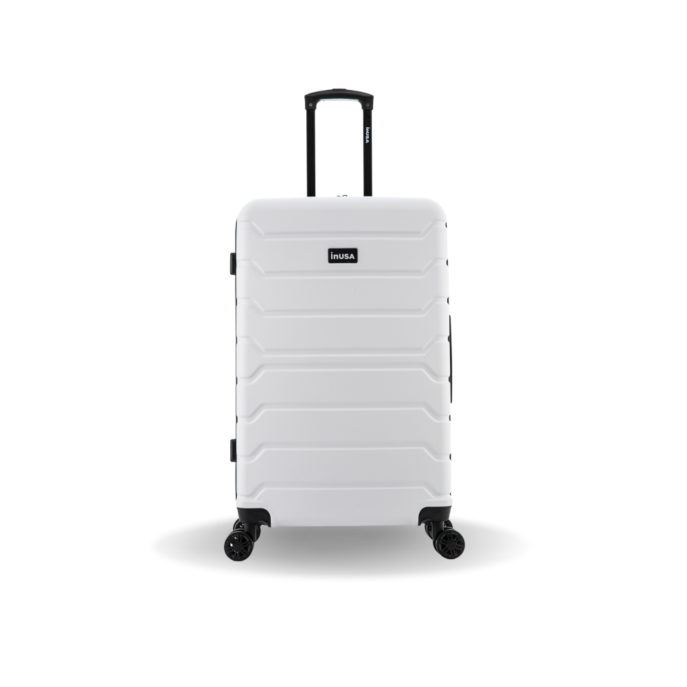 White suitcase with black wheels and handle on a white background