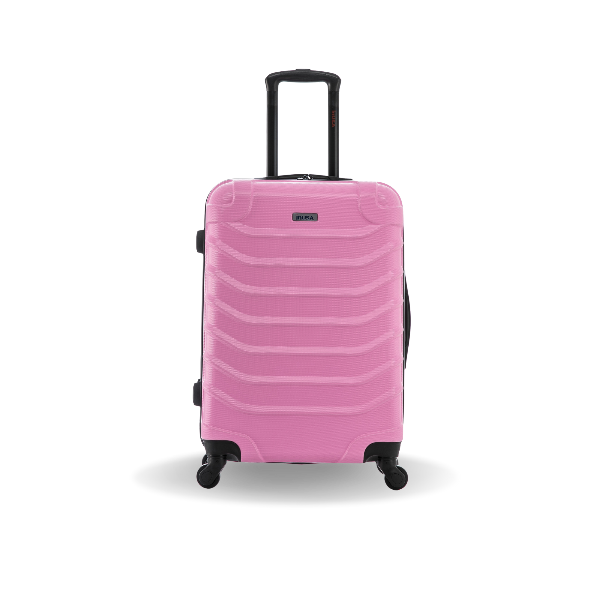 Pink suitcase with black wheels on a white background