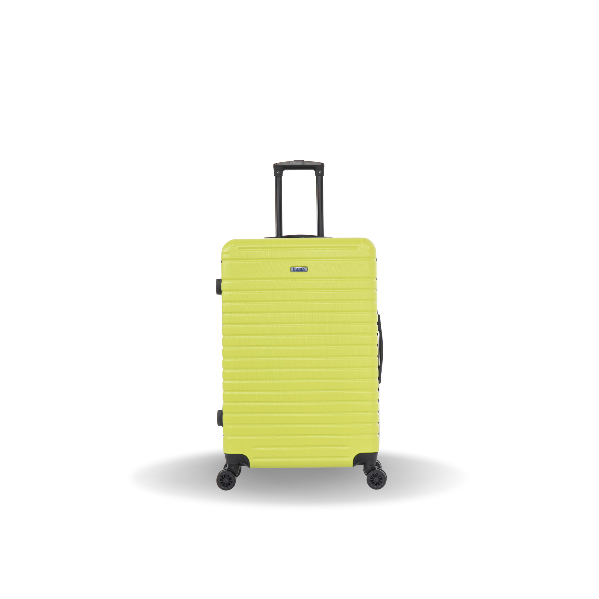 Yellow suitcase with black wheels on a white background
