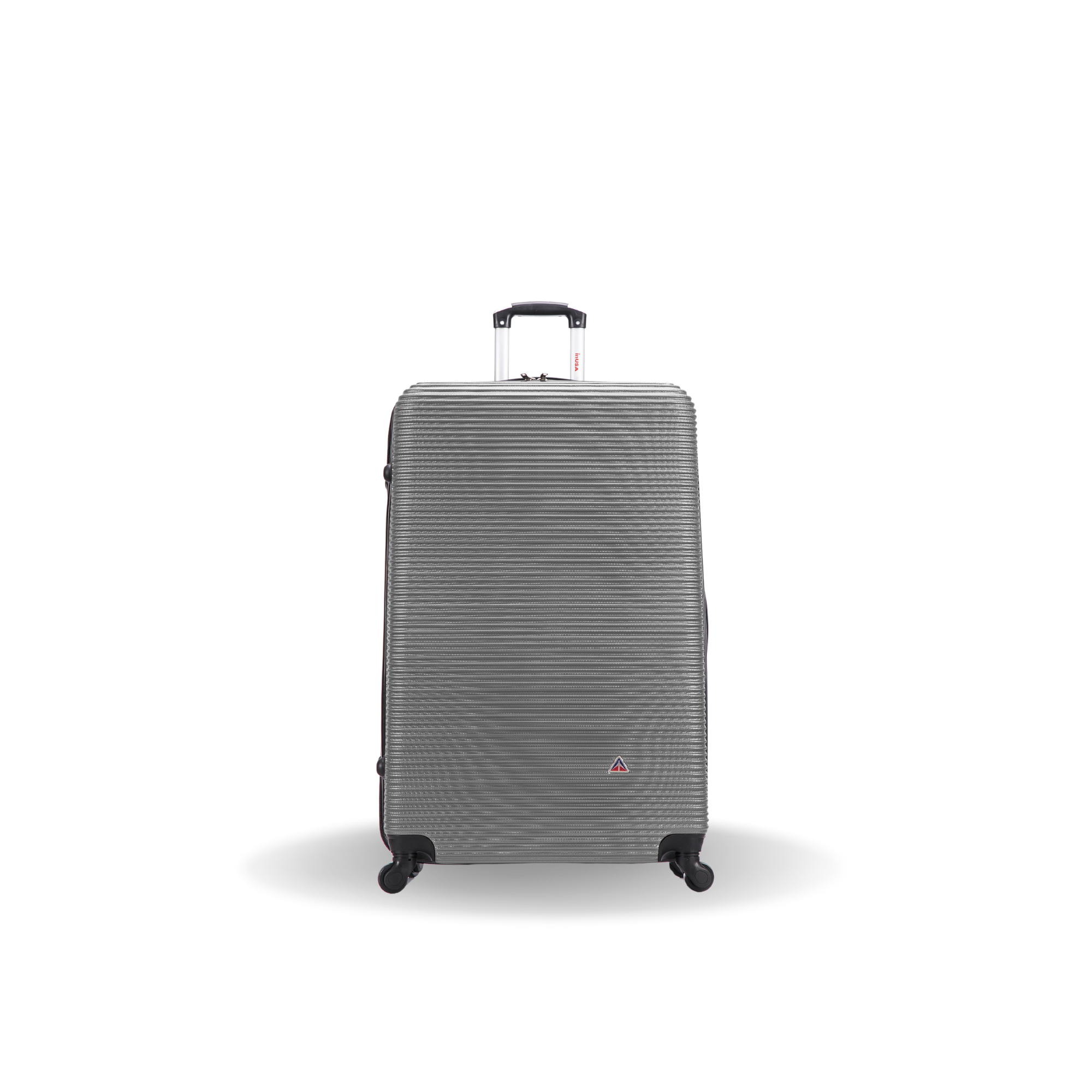 Gray suitcase with a subtle pattern on a white background