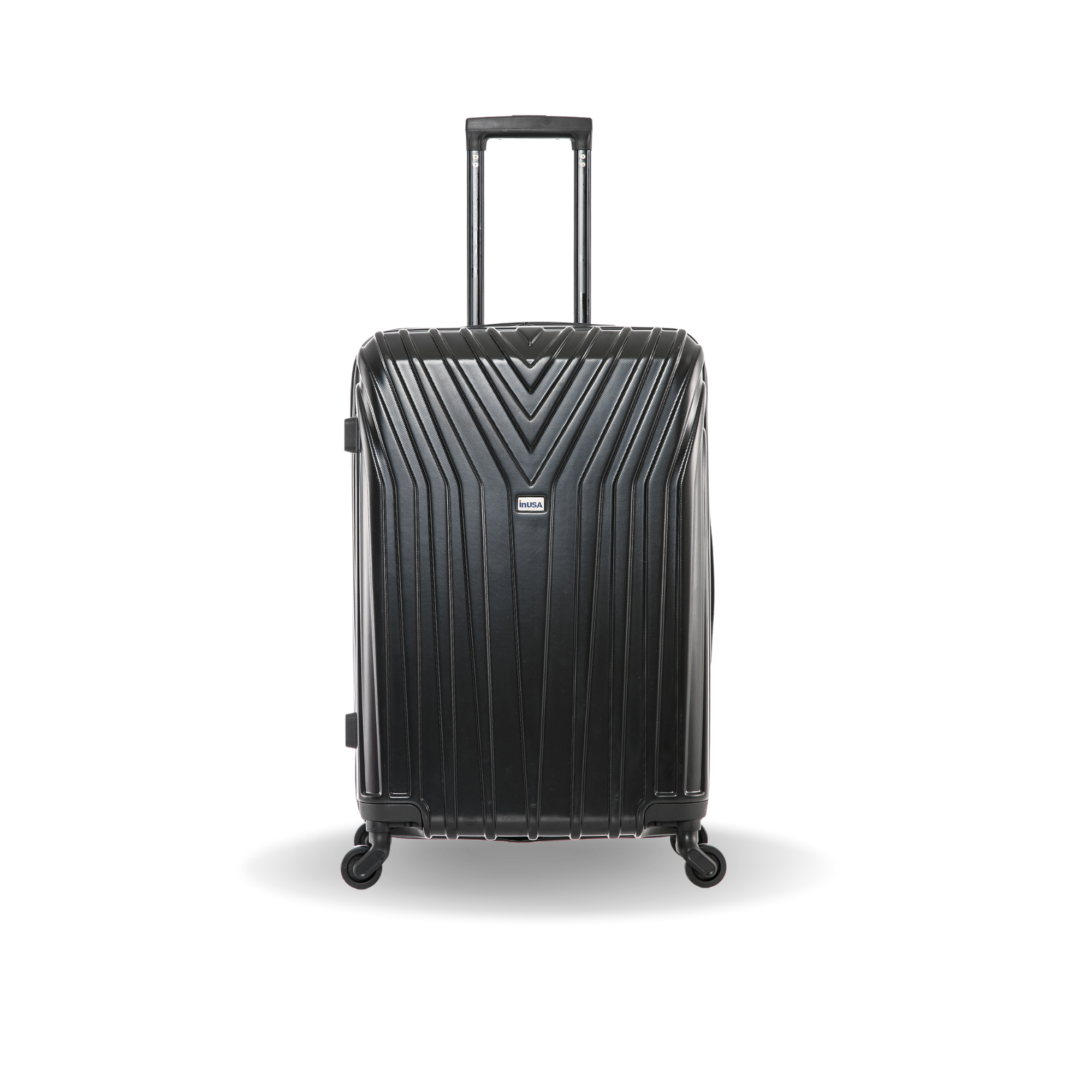 Black suitcase with a geometric pattern on a white background
