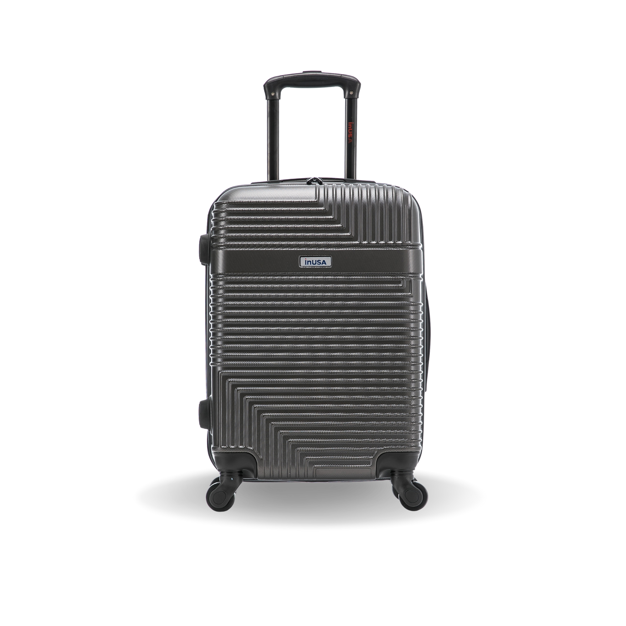 Gray suitcase with a textured pattern on a white background