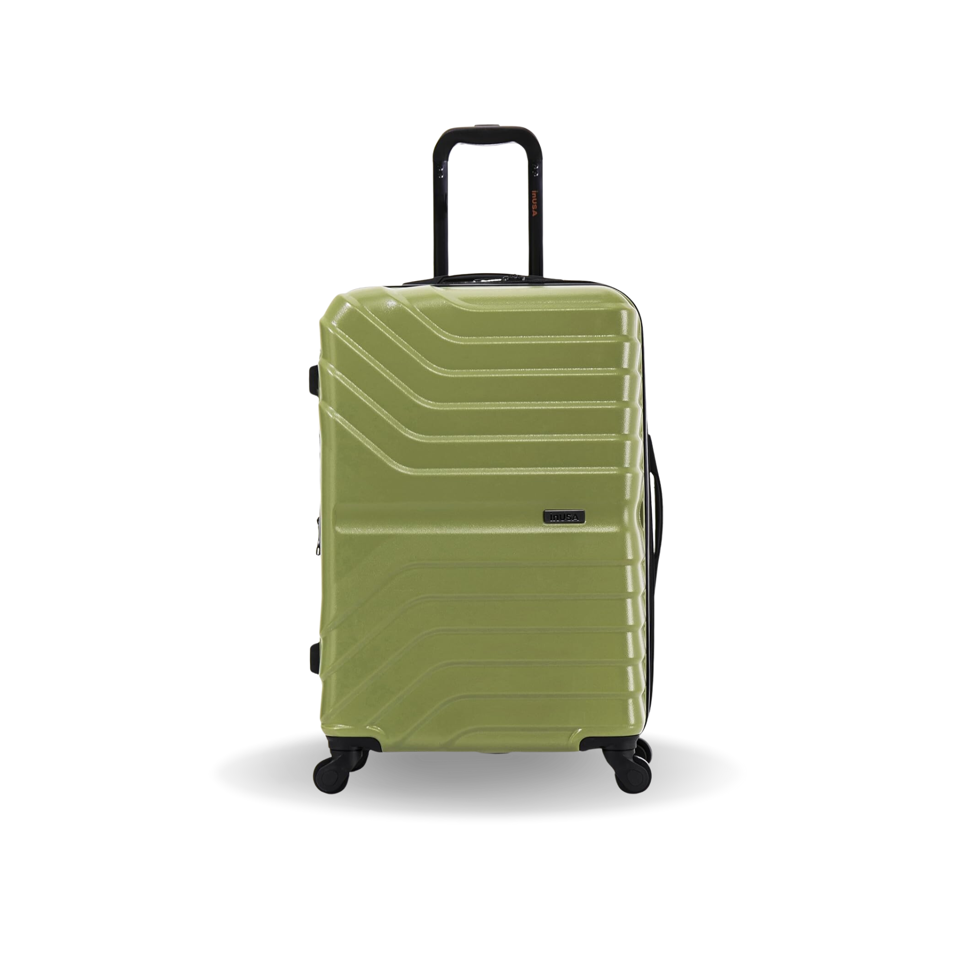Green suitcase with a black handle on a white background