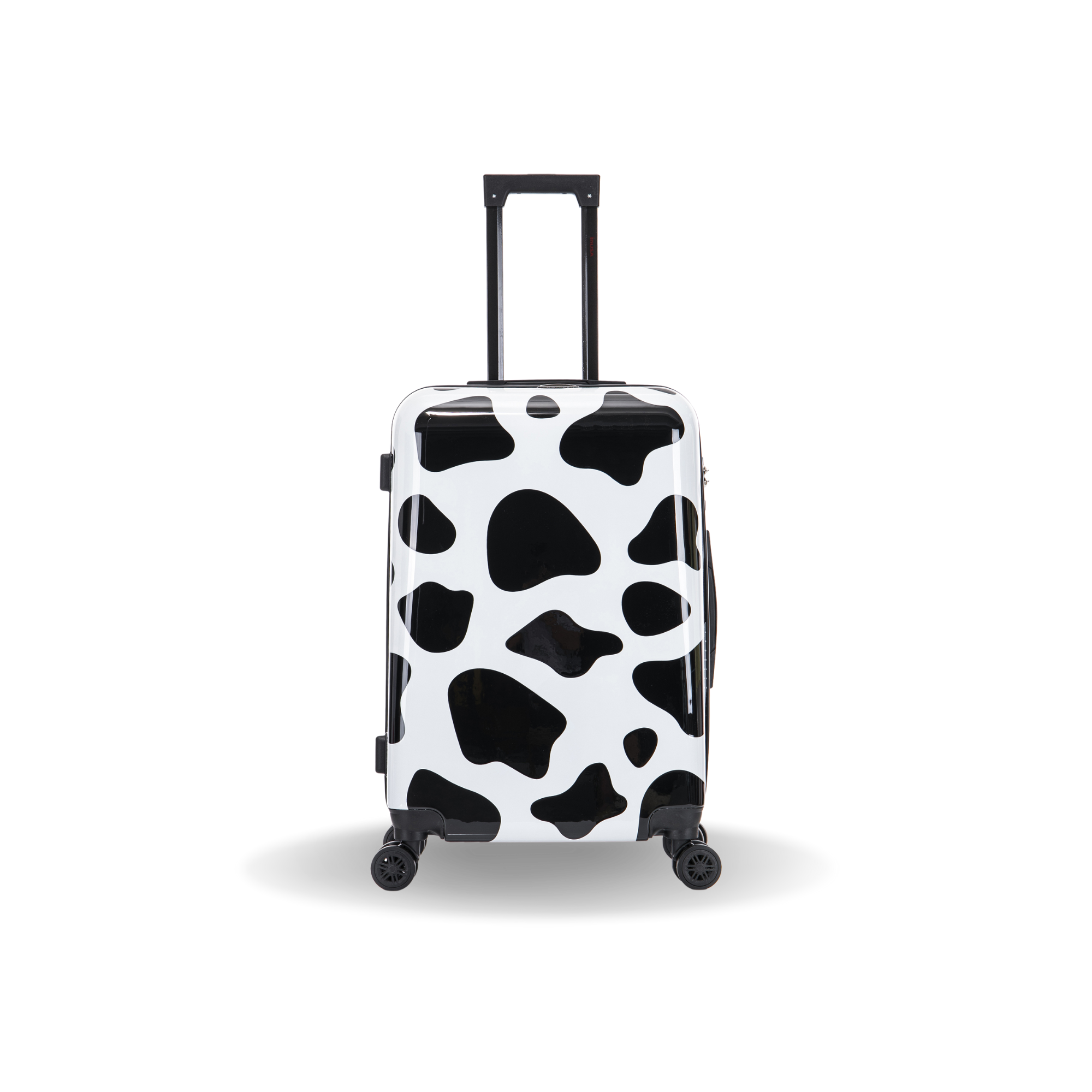 Black and white cow print suitcase on a white background