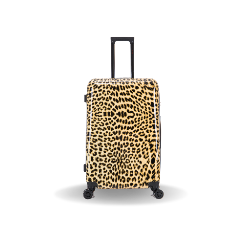 Leopard print suitcase on a white background