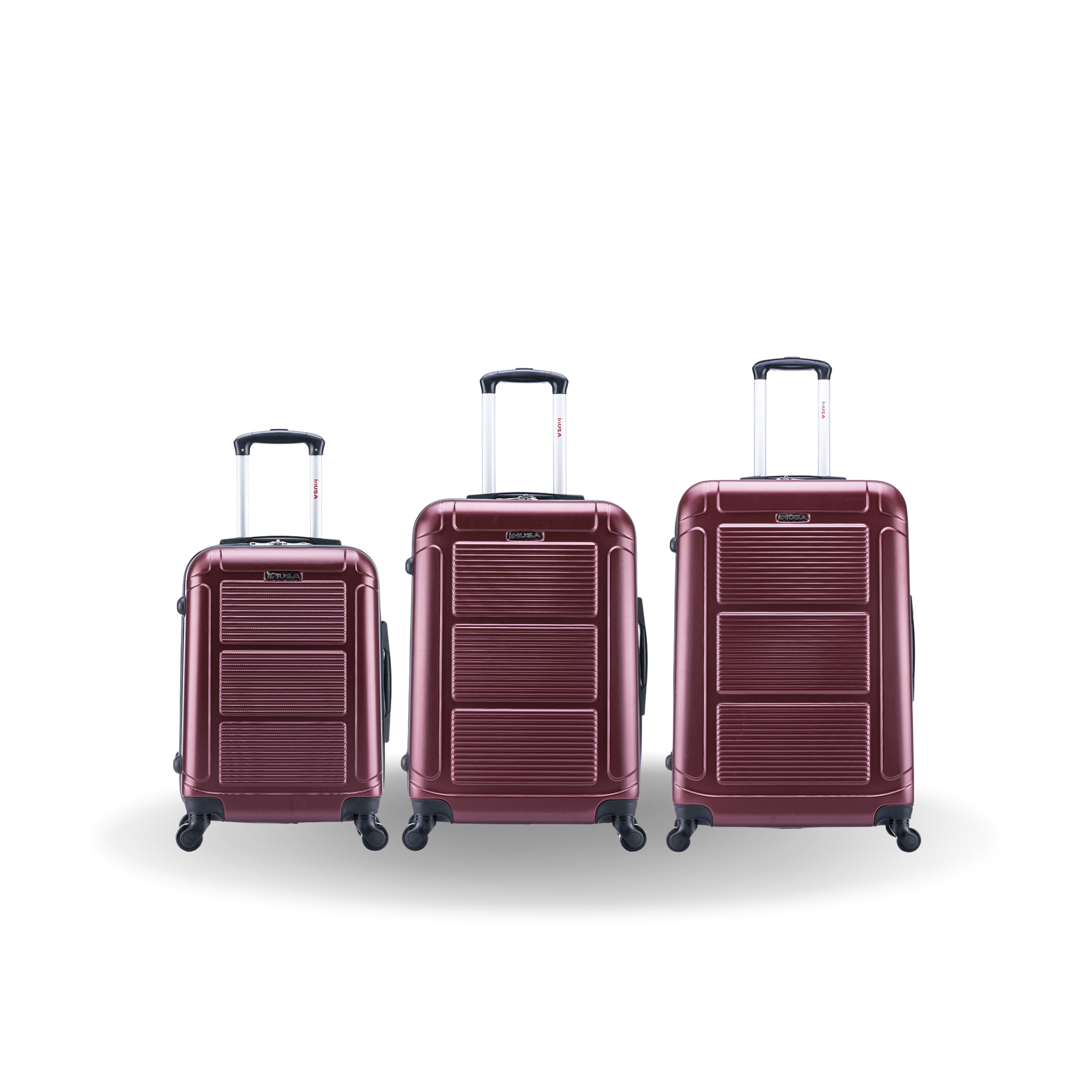 Three maroon suitcases of different sizes on a white background