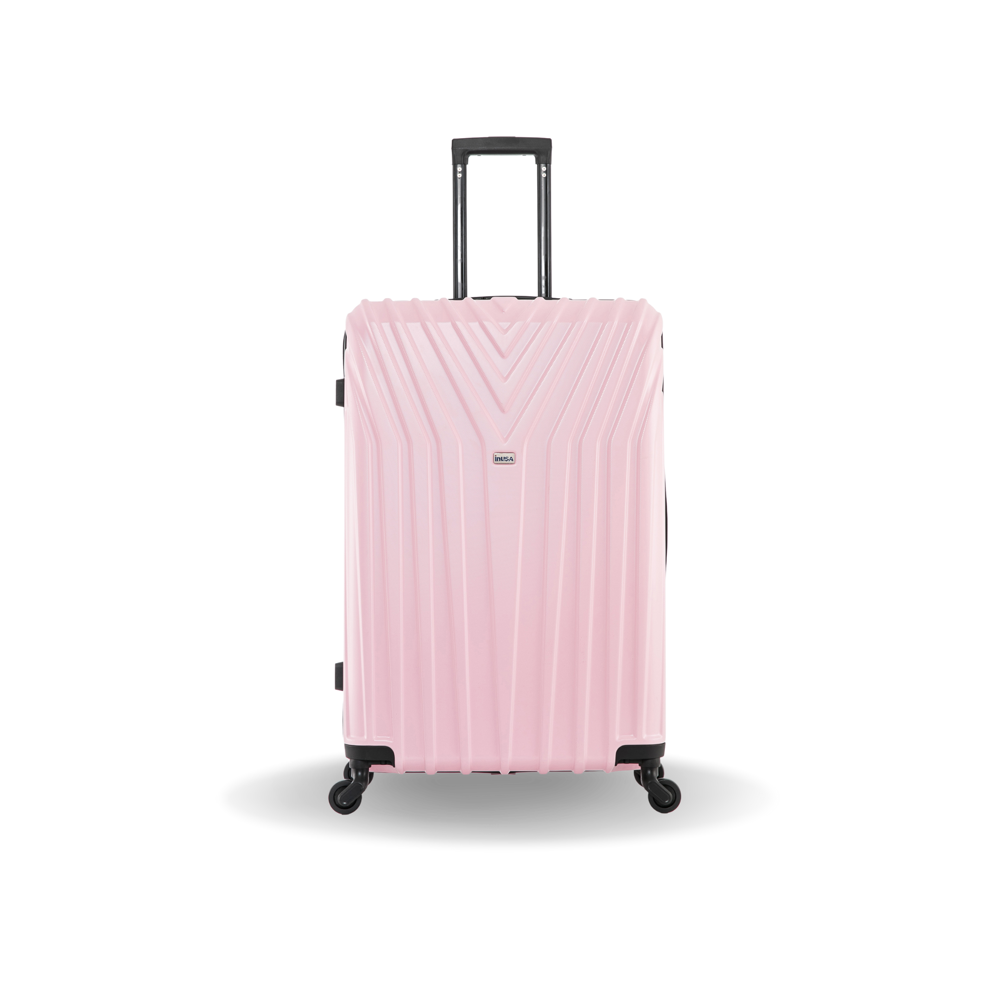 Pink suitcase with a checkered pattern on a white background