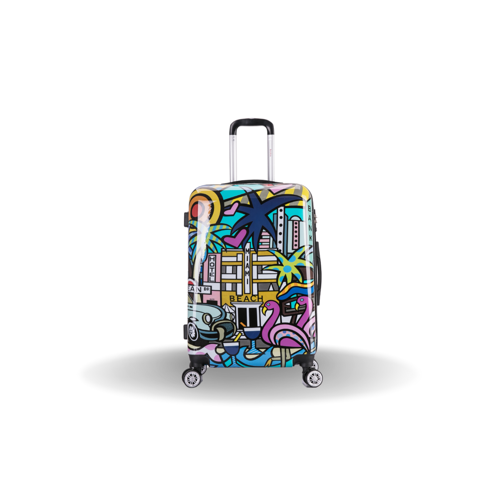 Colorful suitcase with tropical design on a white background