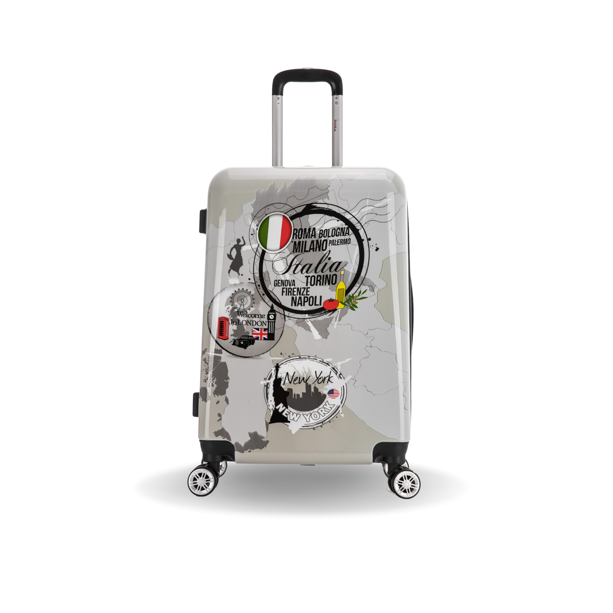 Travel suitcase with city stickers on a white background