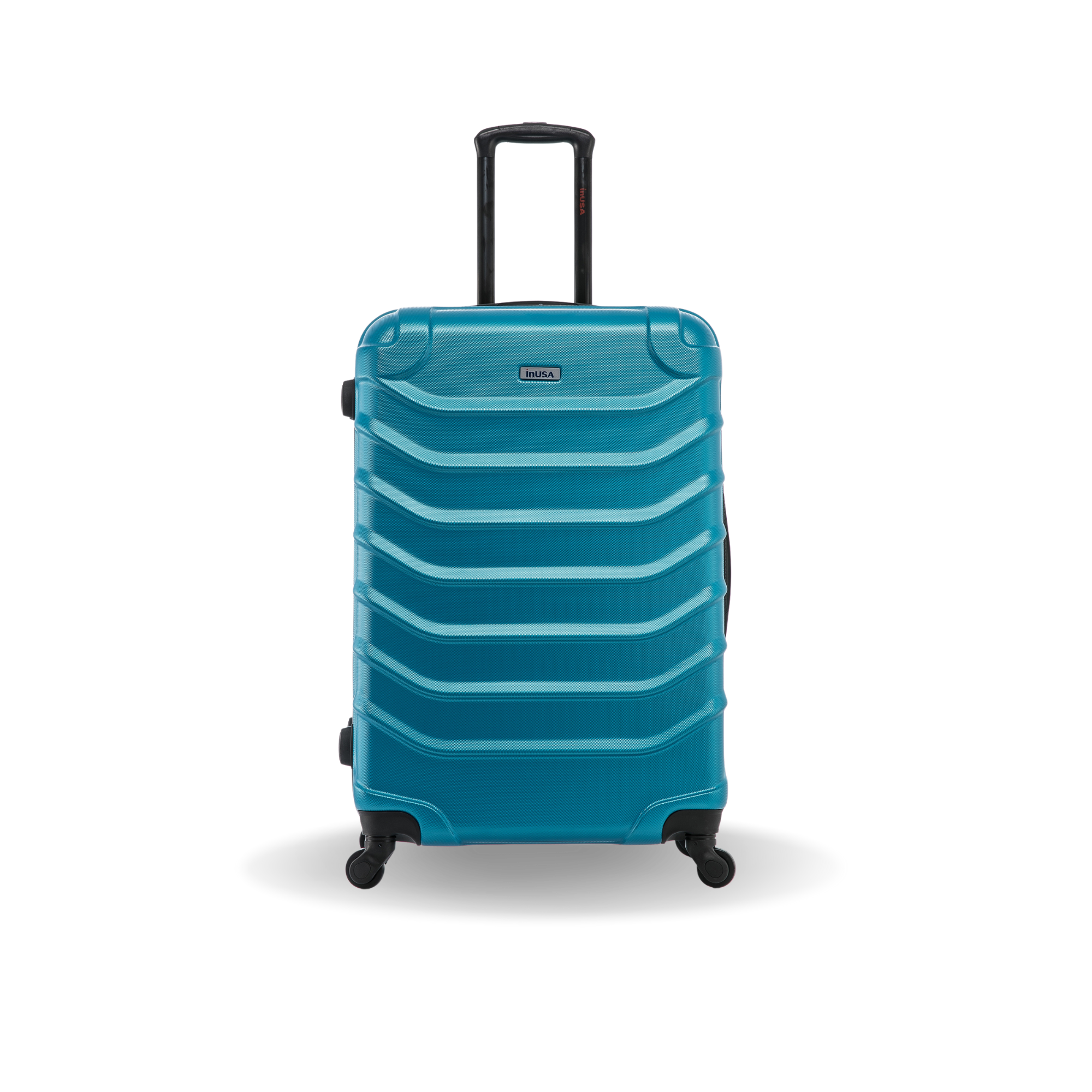 Blue suitcase with a striped pattern on a white background