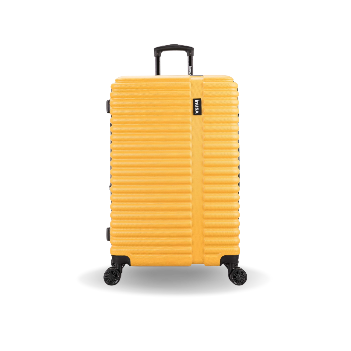Yellow suitcase with a textured surface on a white background