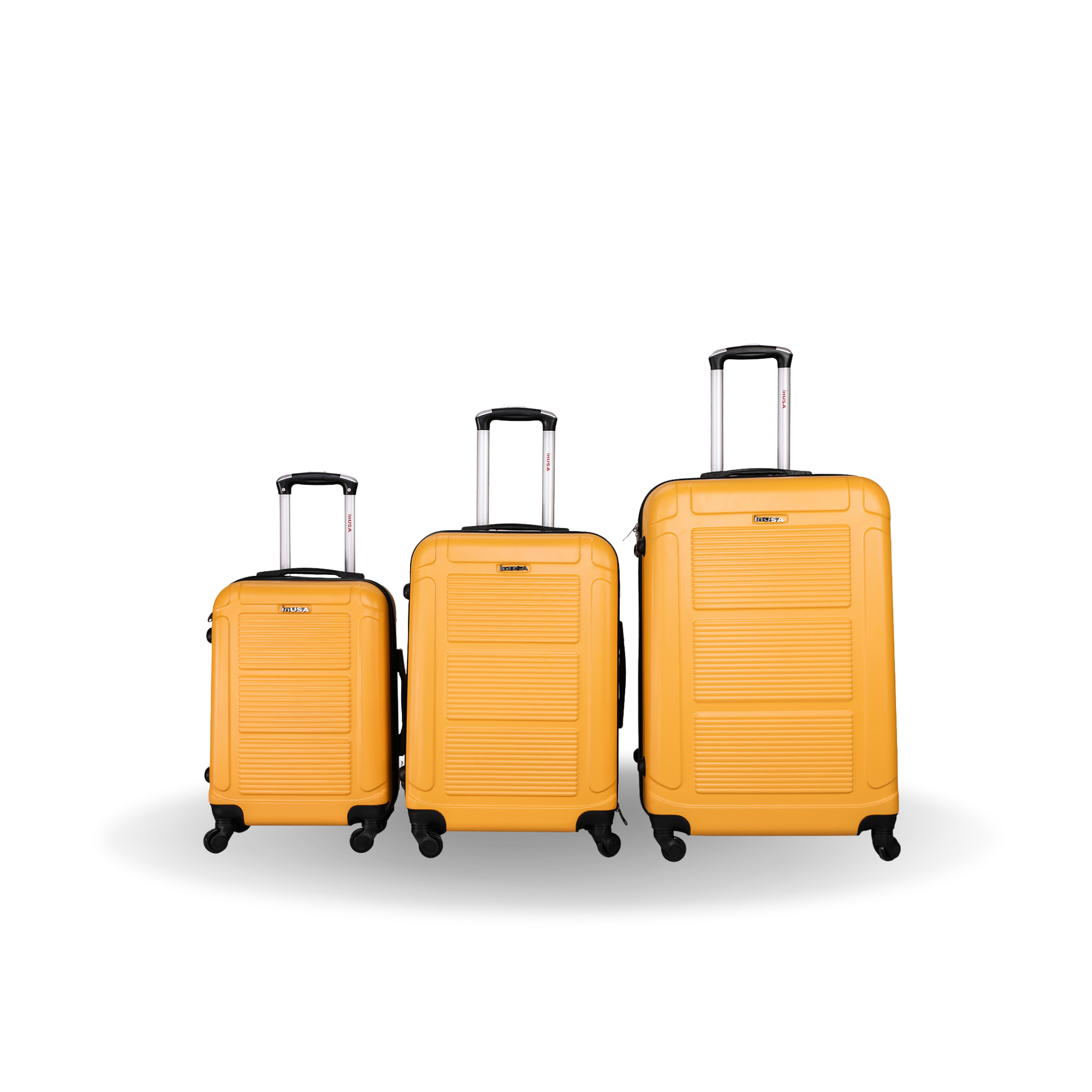 Three yellow suitcases of different sizes on a white background