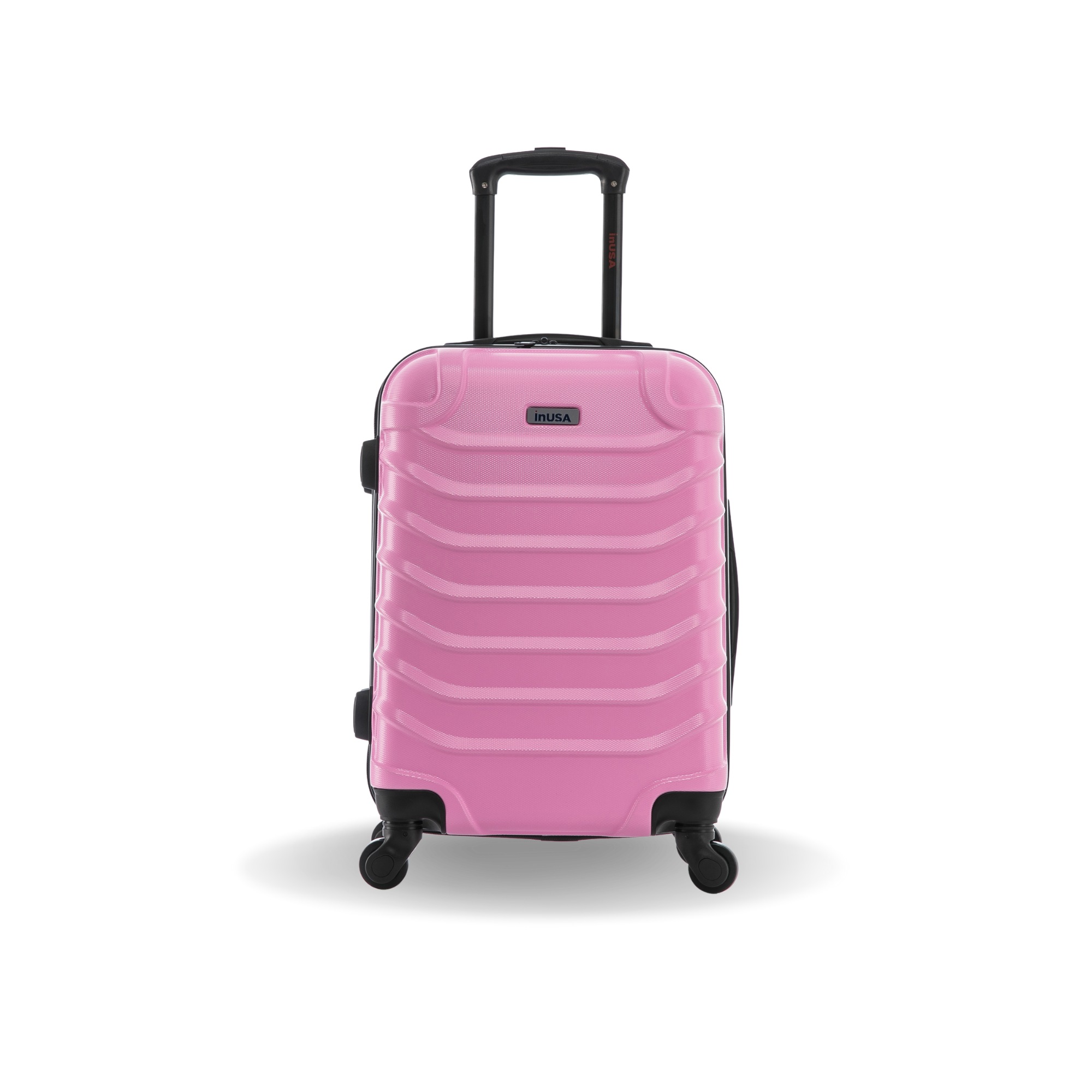 Pink suitcase with black wheels on a white background