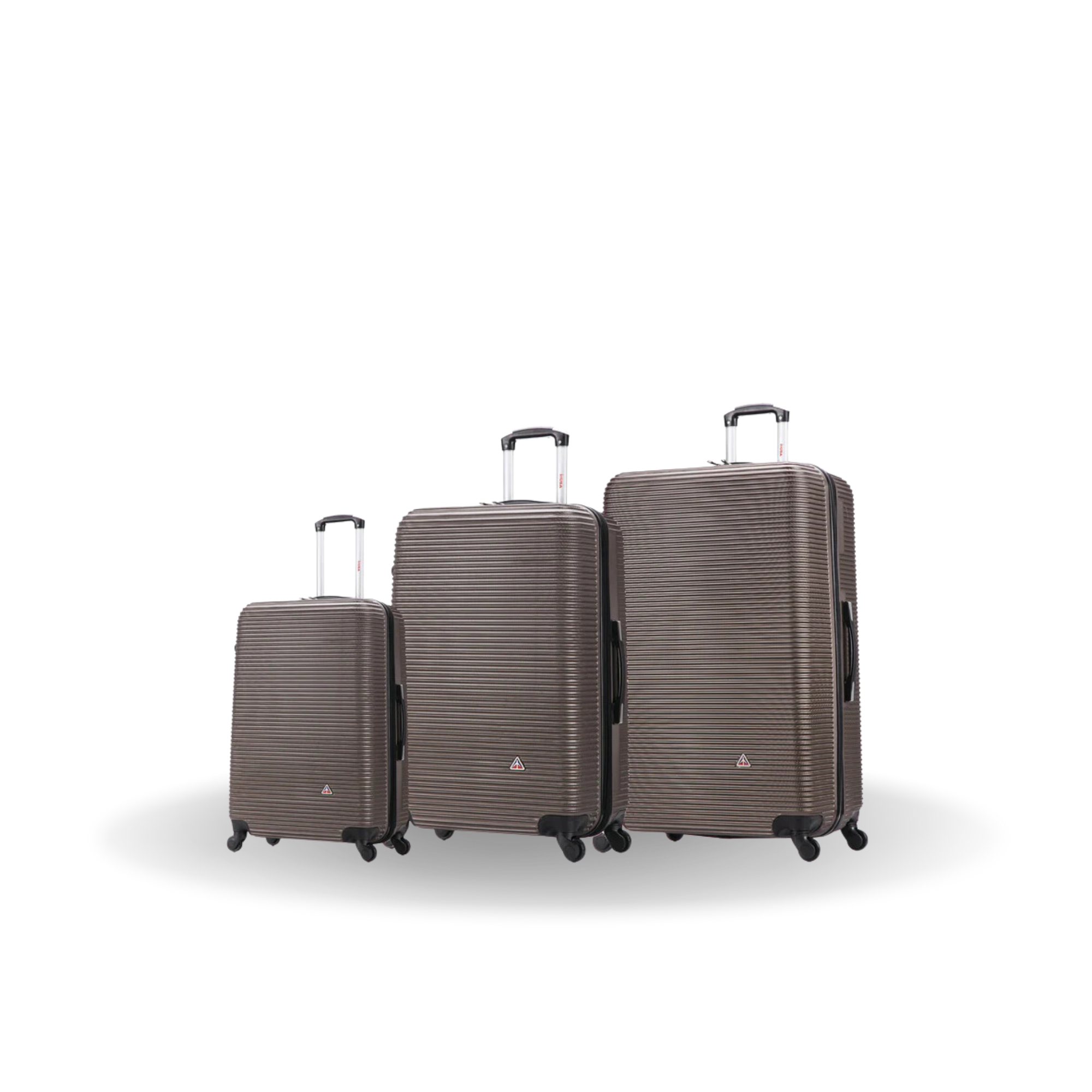 Set of three brown suitcases of different sizes on a white background